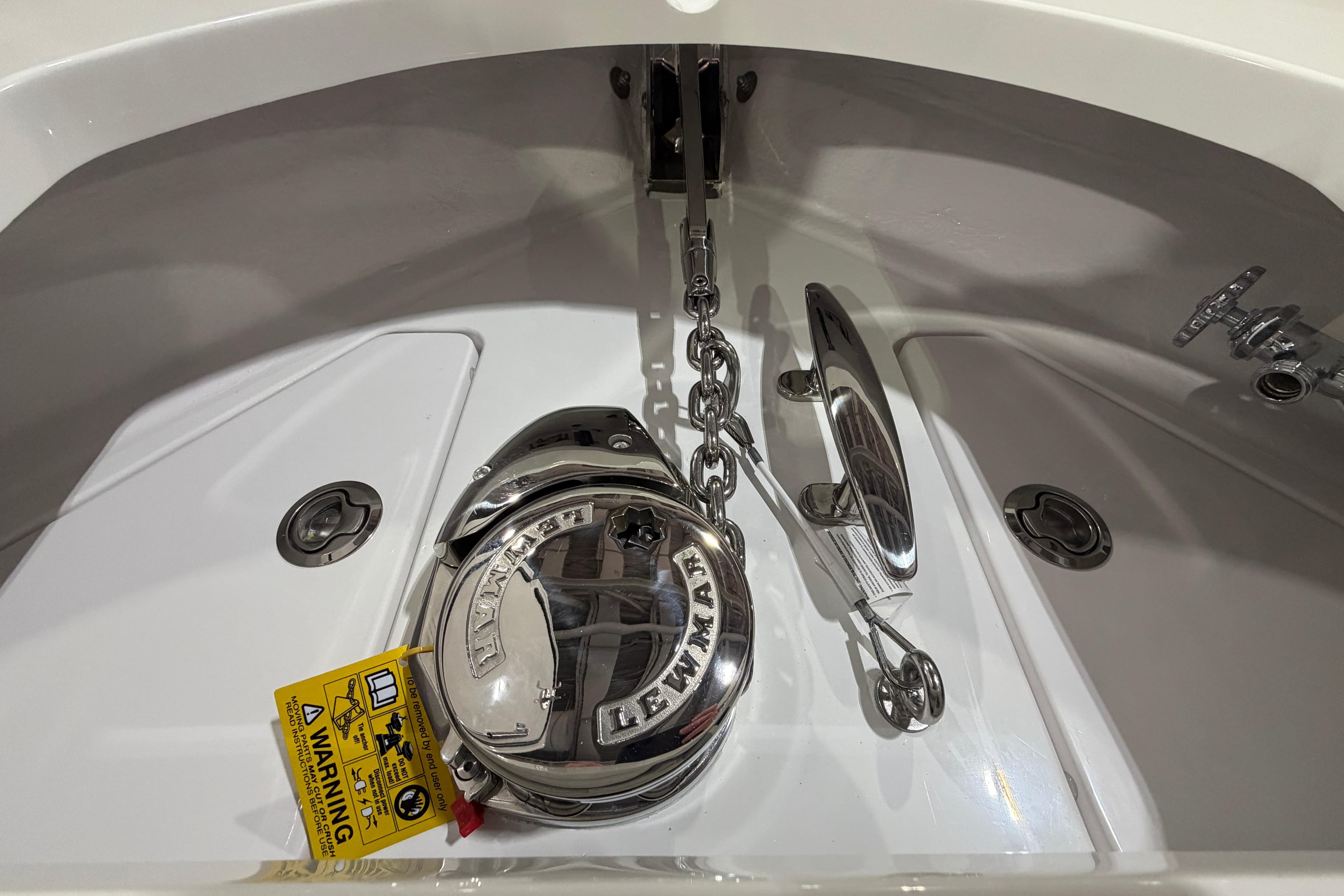 Anchor system of 2026 Valhalla Boatworks V-33, featuring Lewmar windlass and chain.