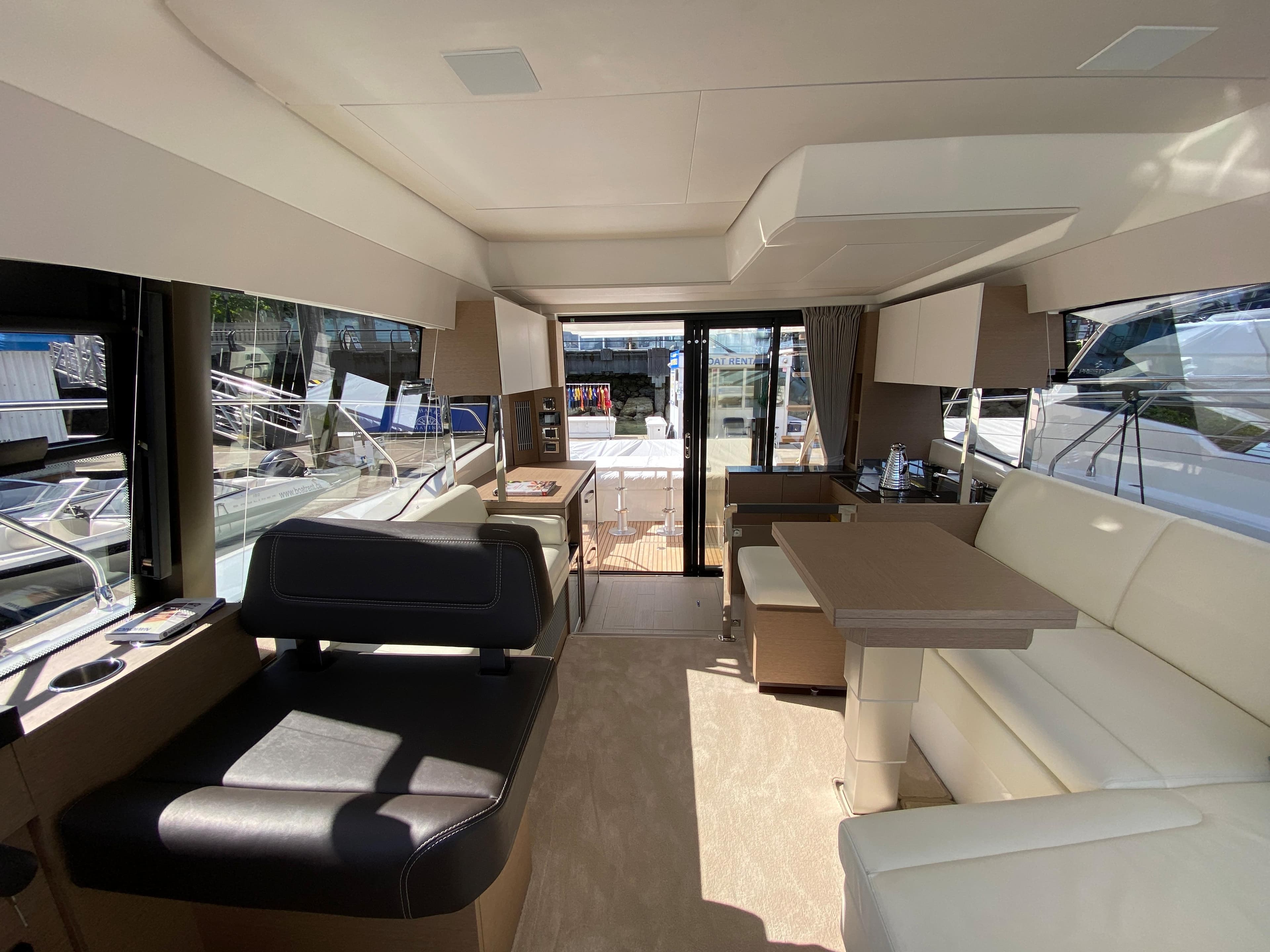 Interior of Prestige 420 yacht, modern design, 2023 model.