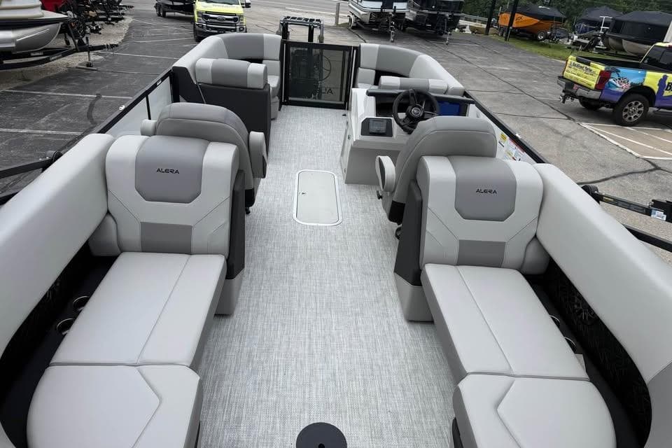 2026 Alera 22q pontoon boat interior with spacious seating and modern design.