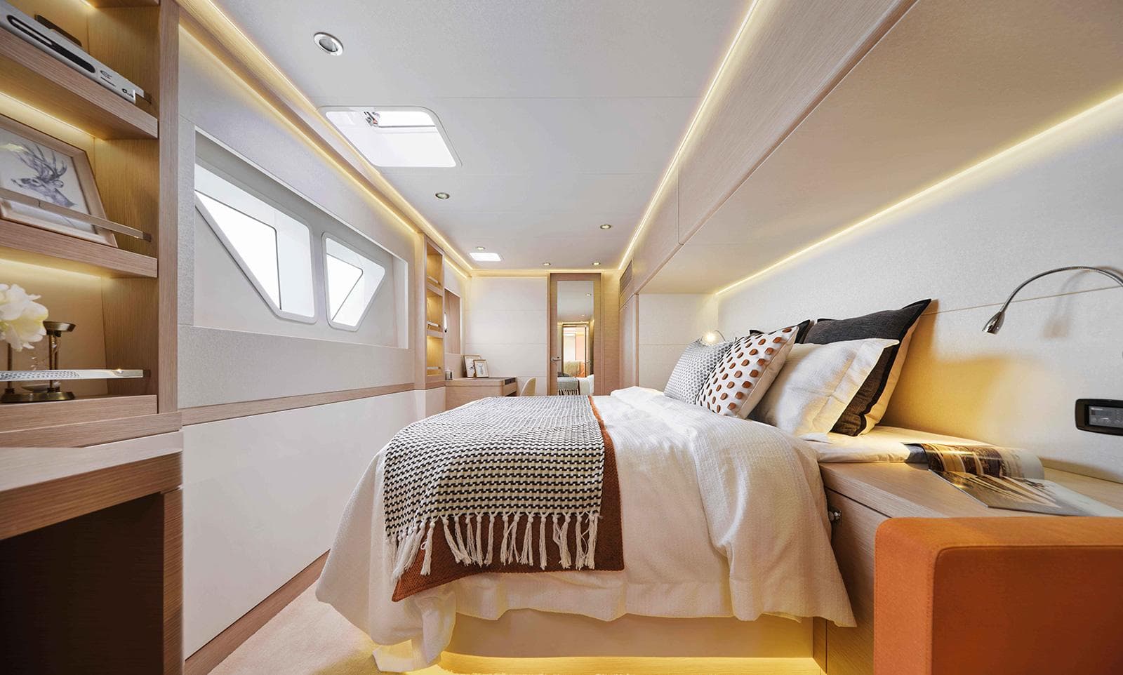 Luxurious interior of 2026 Heysea 59 yacht with modern bedroom design and ambient lighting.