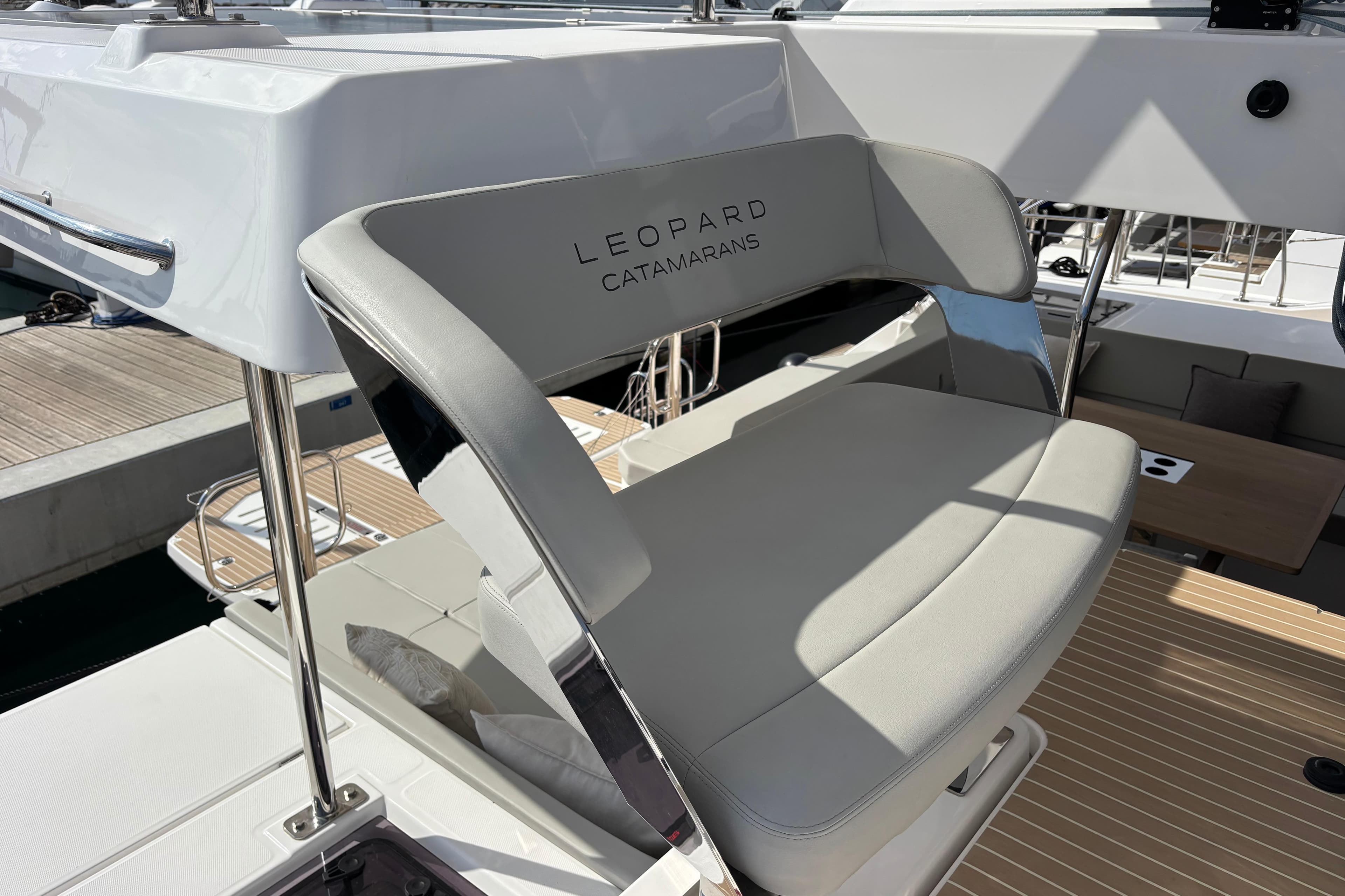 Luxury seating on 2025 Leopard 52 catamaran, showcasing modern design and comfort.
