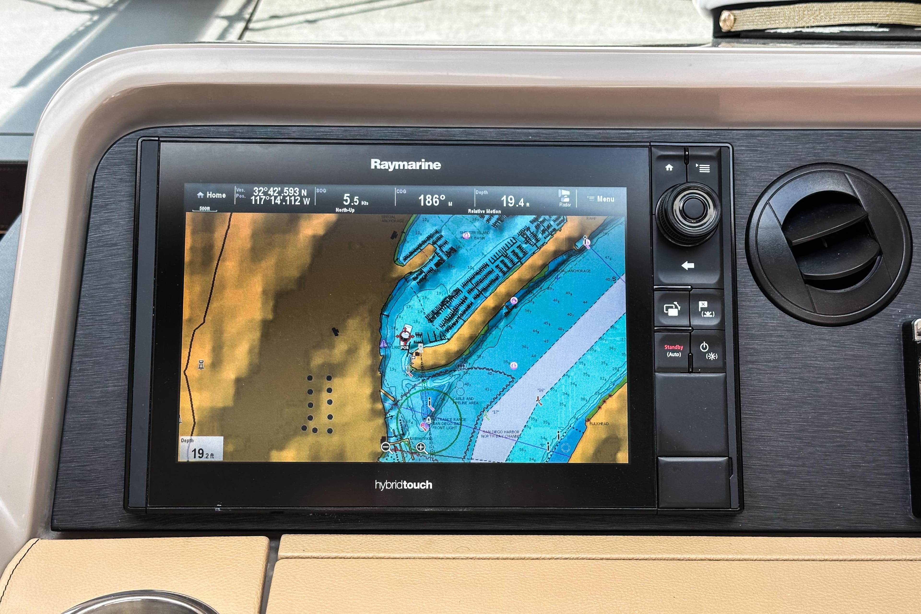 Raymarine navigation display on 2017 Sea Ray Sundancer 400 yacht dashboard.