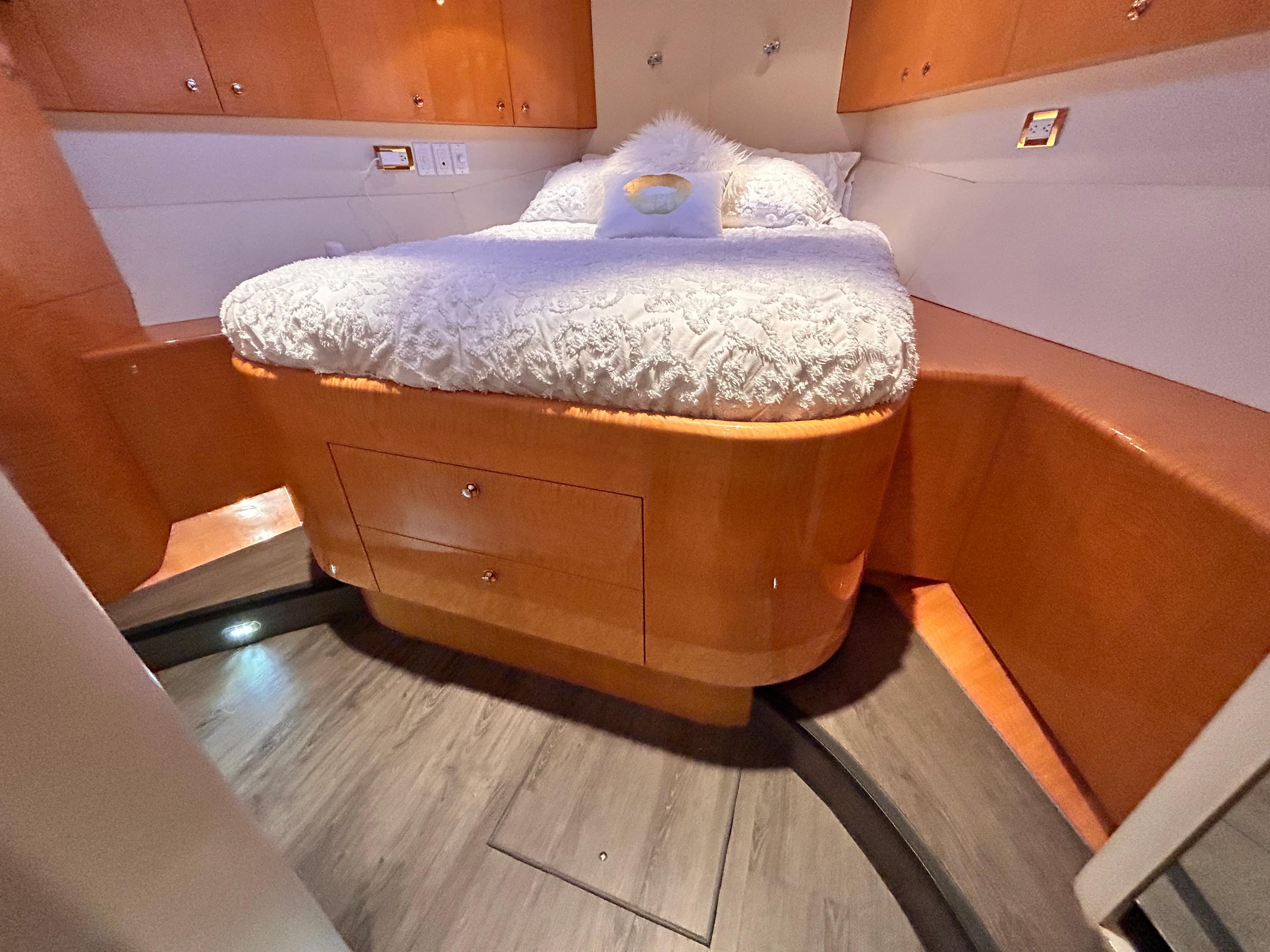 Luxurious bedroom in Cheoy Lee 66 Pilothouse yacht, year 2002.