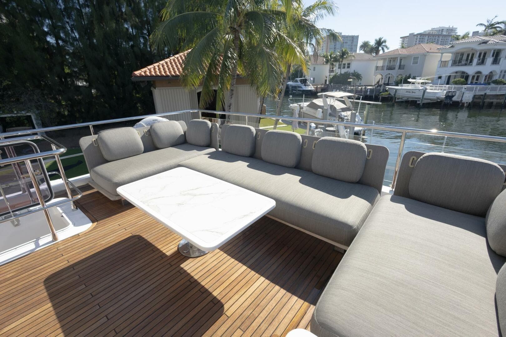 Luxurious Azimut Fly 72 yacht deck with elegant seating, 2021 model.