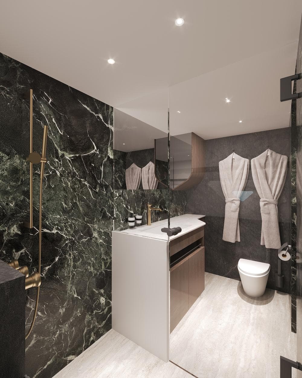 Luxurious bathroom in 2026 Latitude 46 Catamaran with marble walls and modern fixtures.