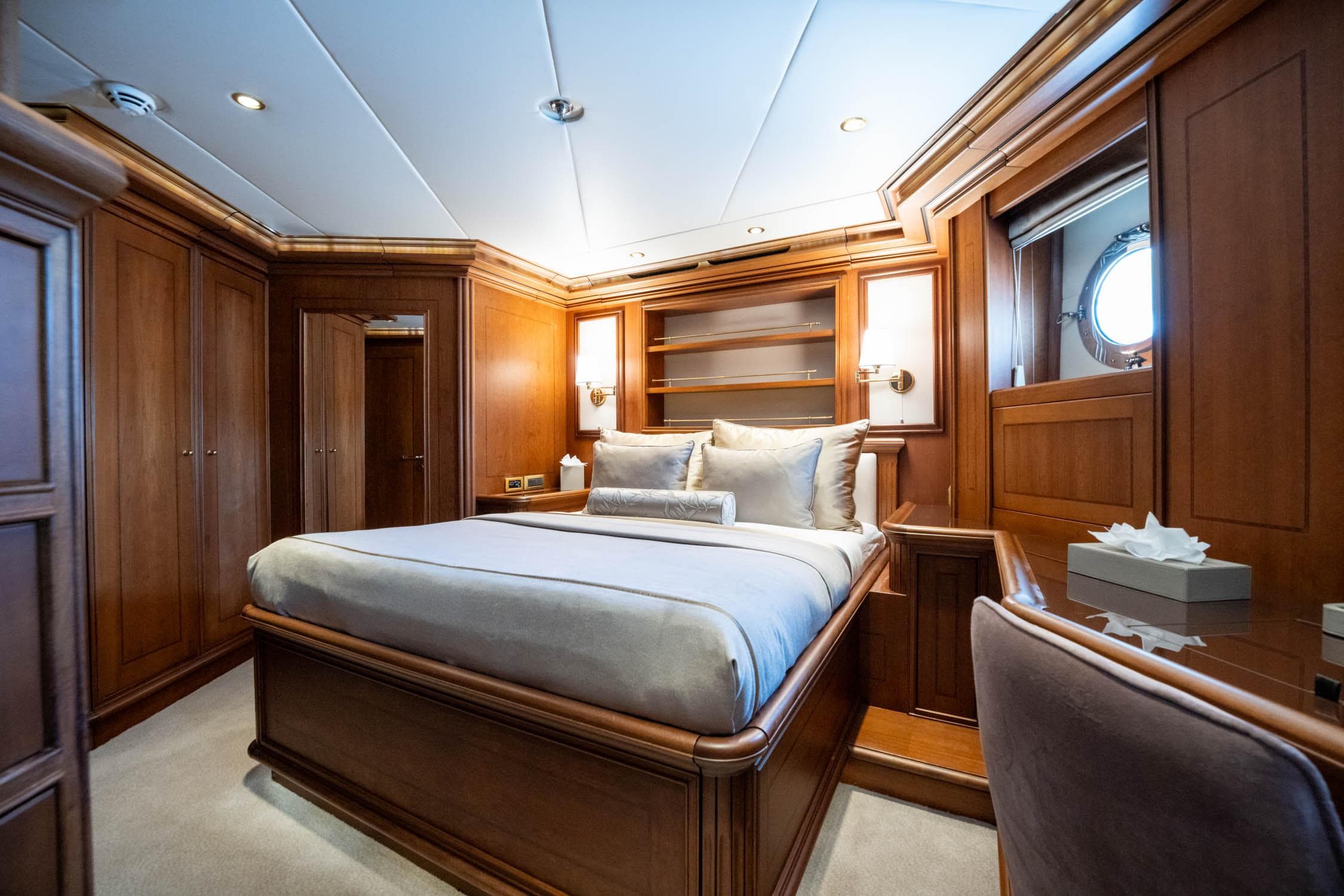 Luxurious cabin interior of 2009 Aegean Yacht 3 Mast Schooner with elegant wood finish.