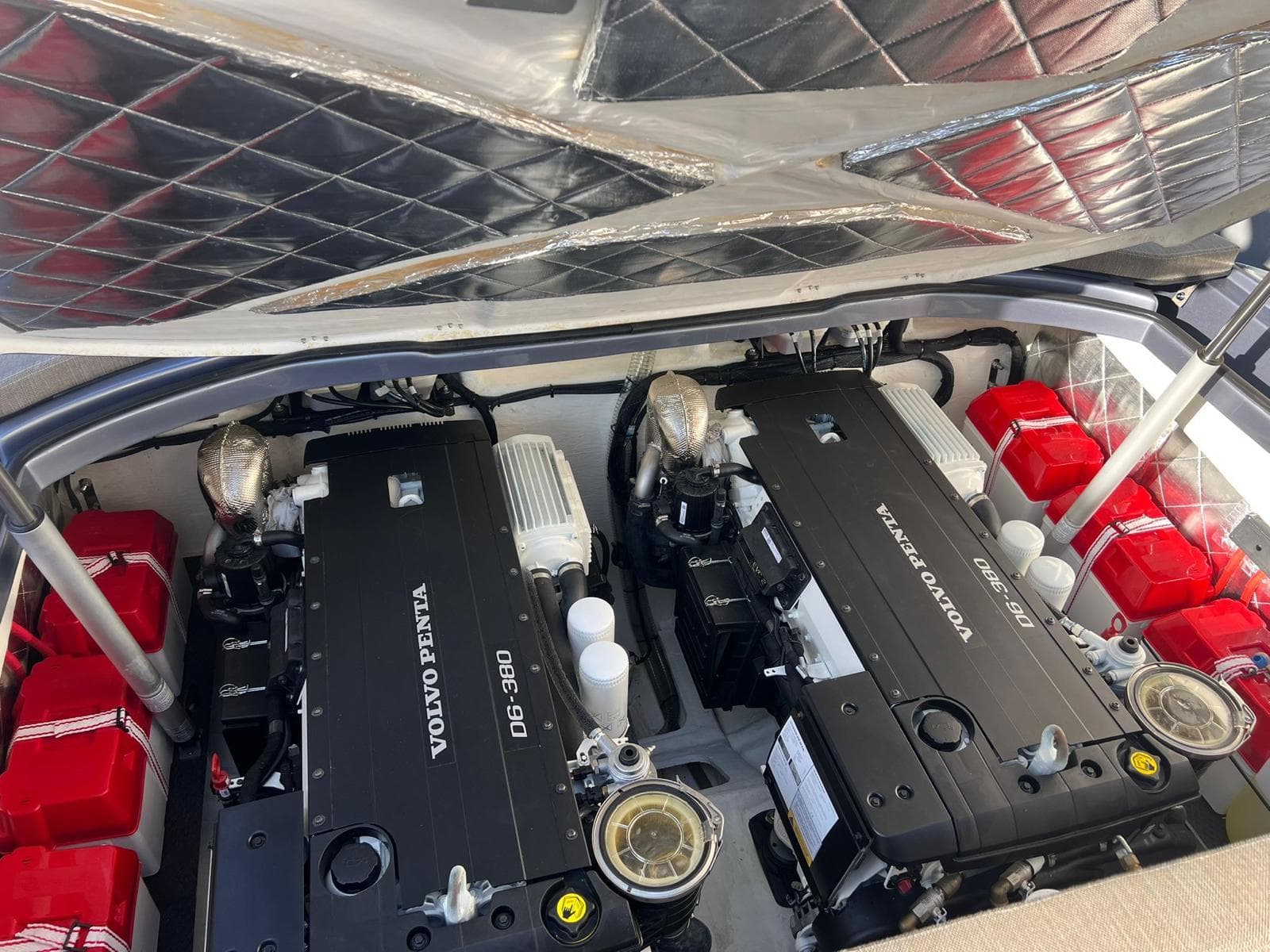 Engine compartment of 2023 SACS Strider 13 with Volvo Penta D6-380 engines.