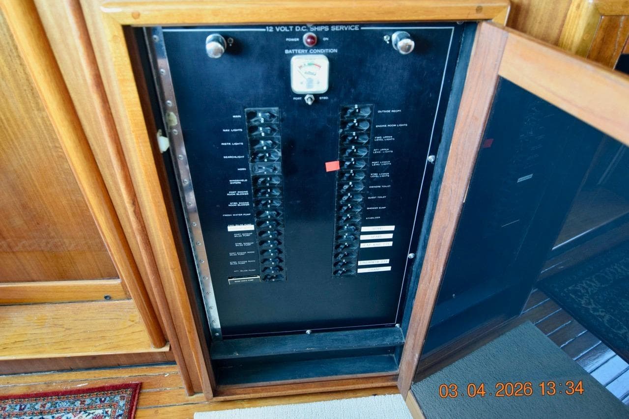 Electrical panel on a 1976 Hatteras 48 Long Range Cruiser yacht.