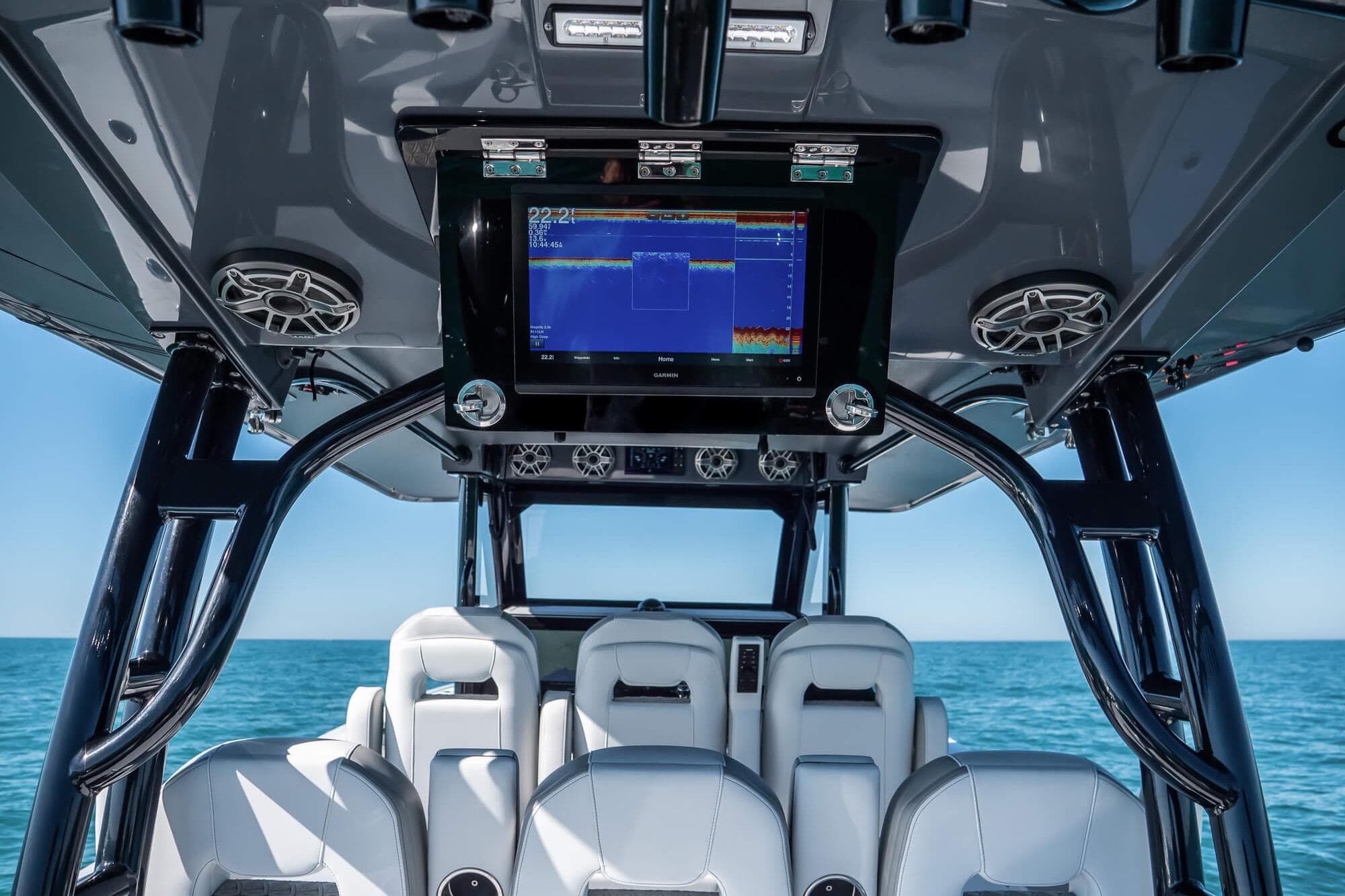 2026 Barker Boatworks 40HPC interior with advanced navigation system and luxurious seating.