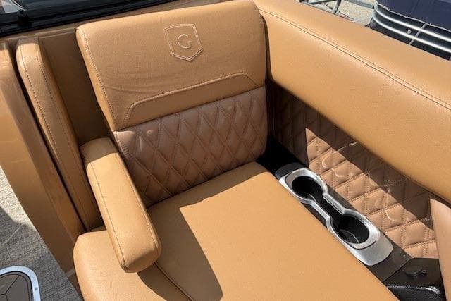 Luxurious tan leather seating with cup holders in 2025 Godfrey San Pan SP2700SBW.