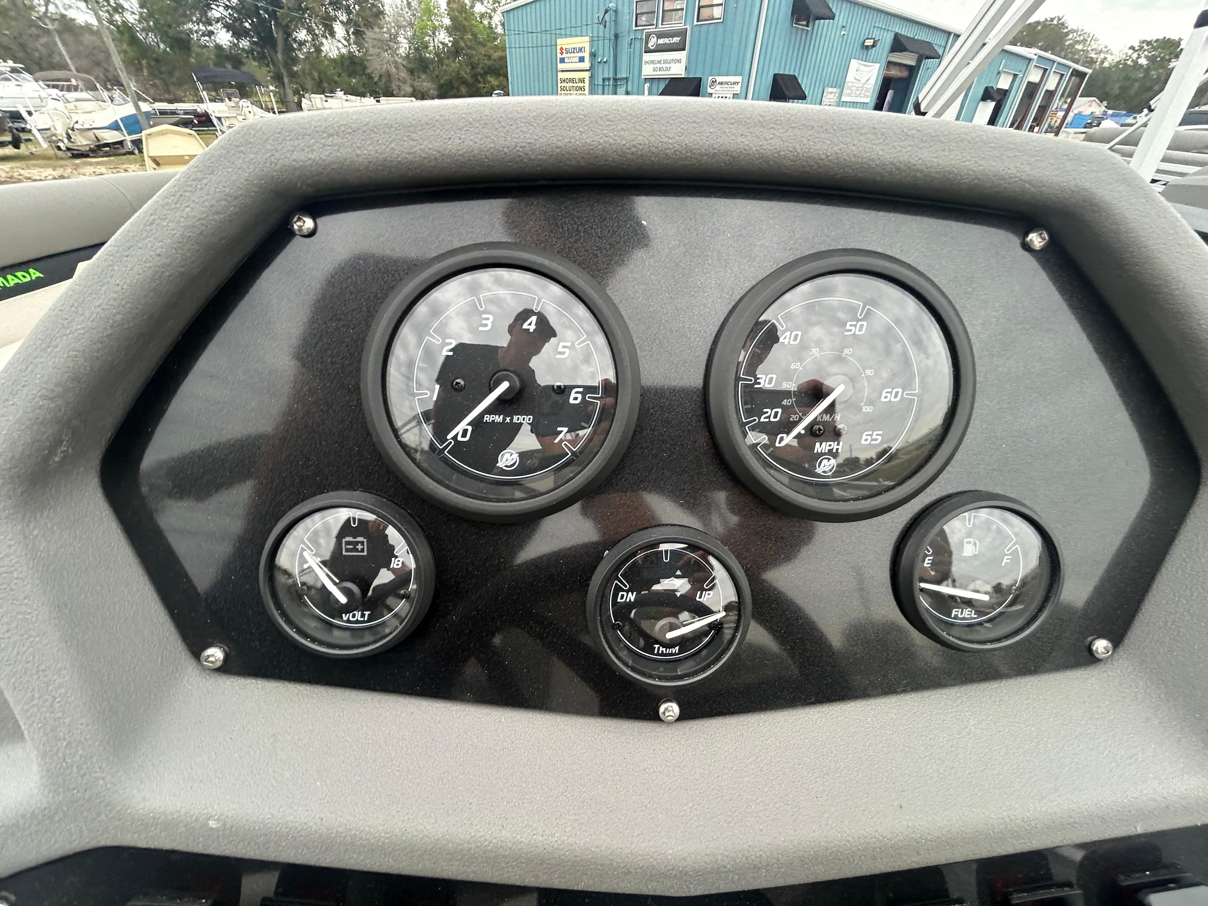 Dashboard of 2025 Armada Saphir 19SB boat with gauges and controls.