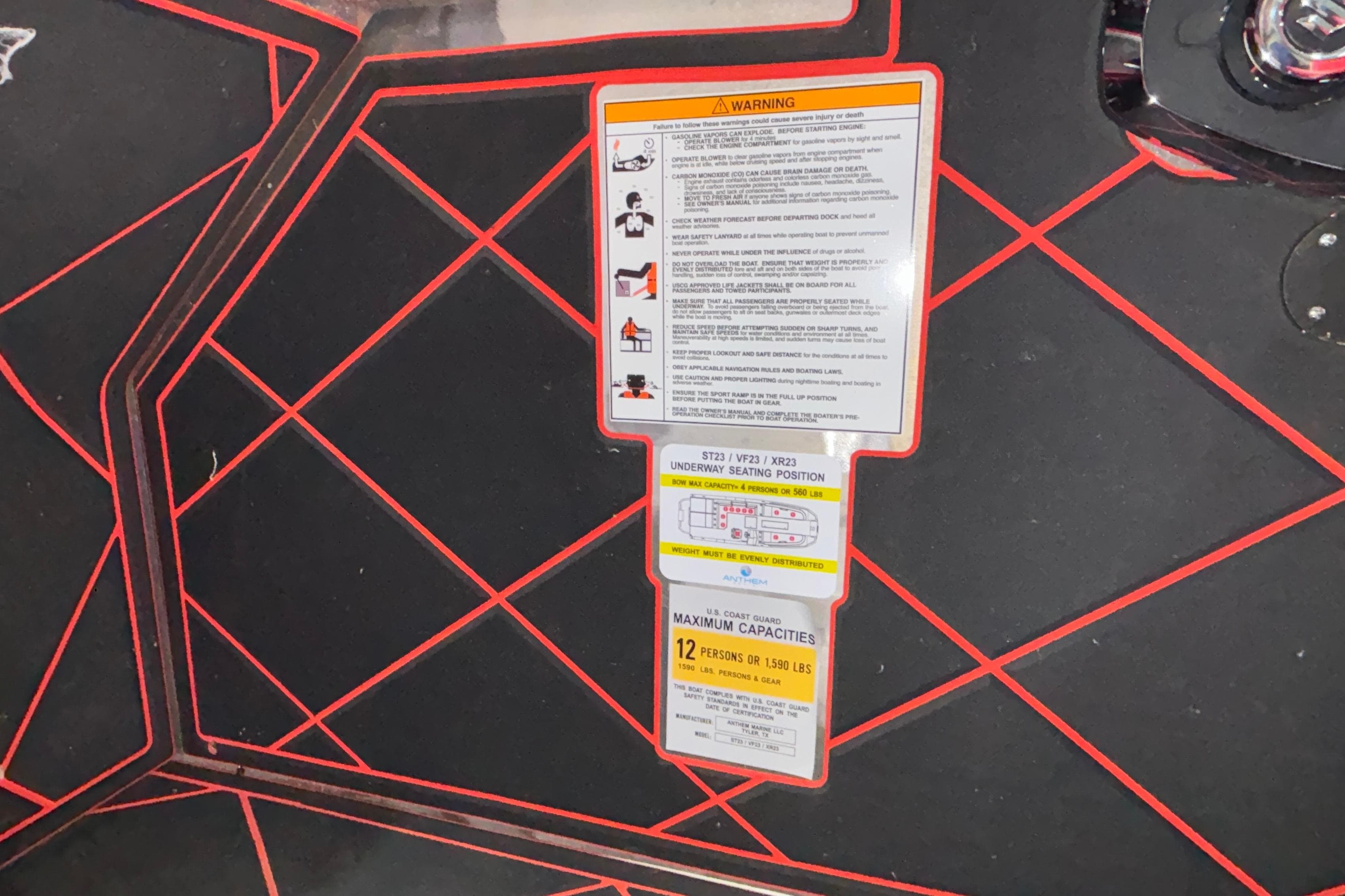 Warning and capacity labels on Anthem Assault VF23, 2026 model, with red geometric design.