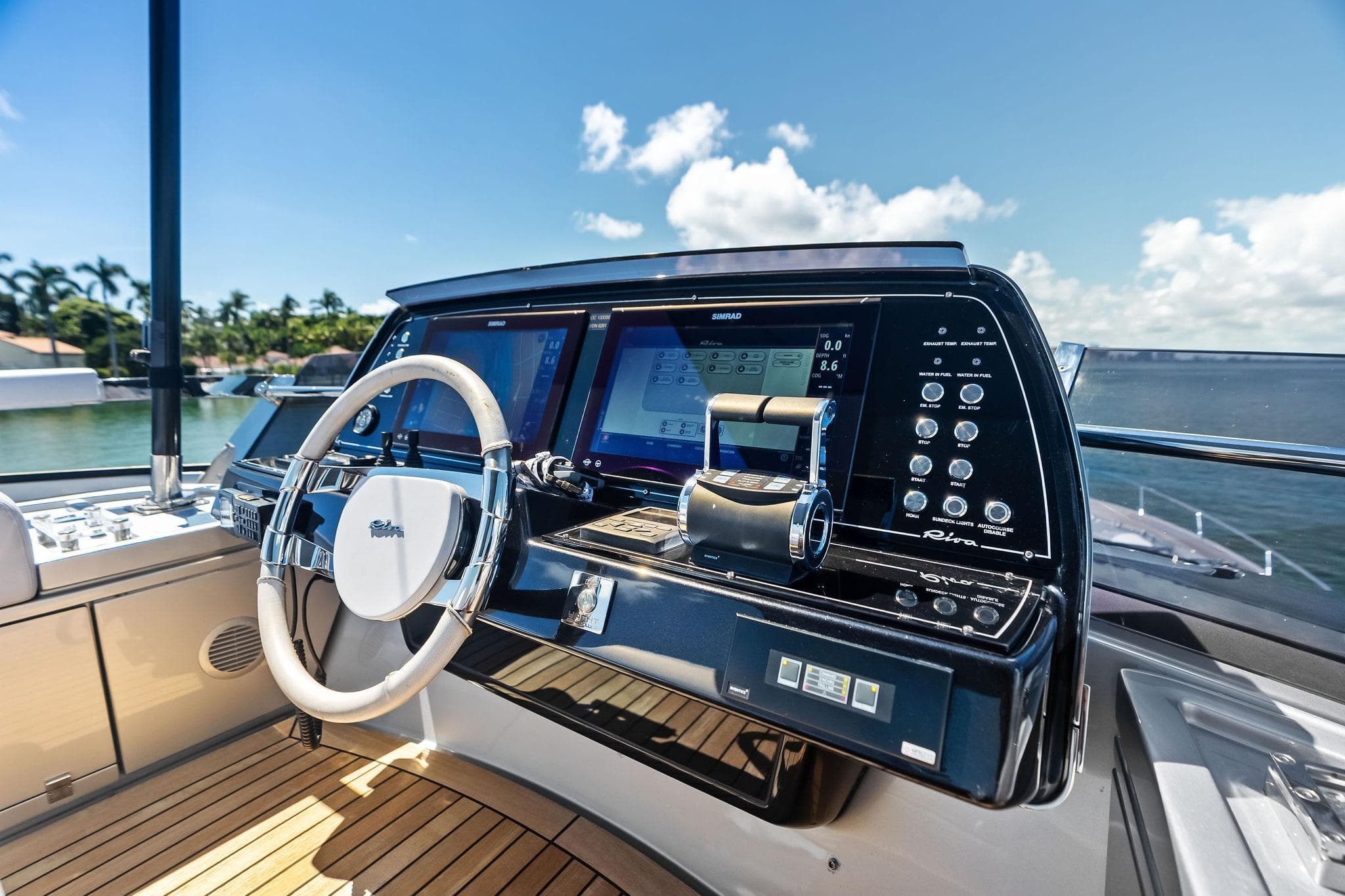 Cockpit of 2023 Riva 76 PERSEO Super yacht with modern controls and steering wheel.