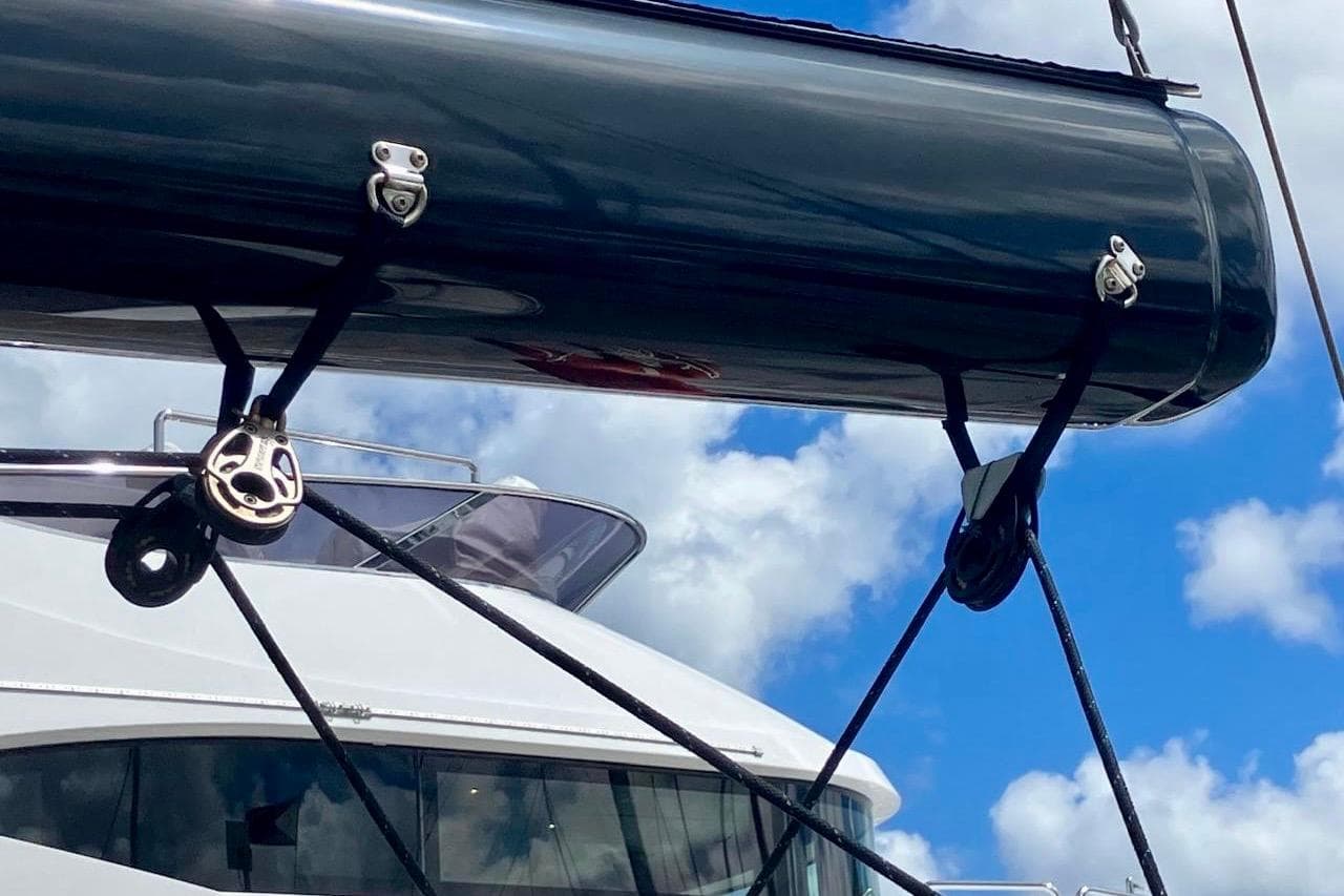 Wauquiez Pilot Saloon 55 yacht rigging against blue sky, 2011 model.