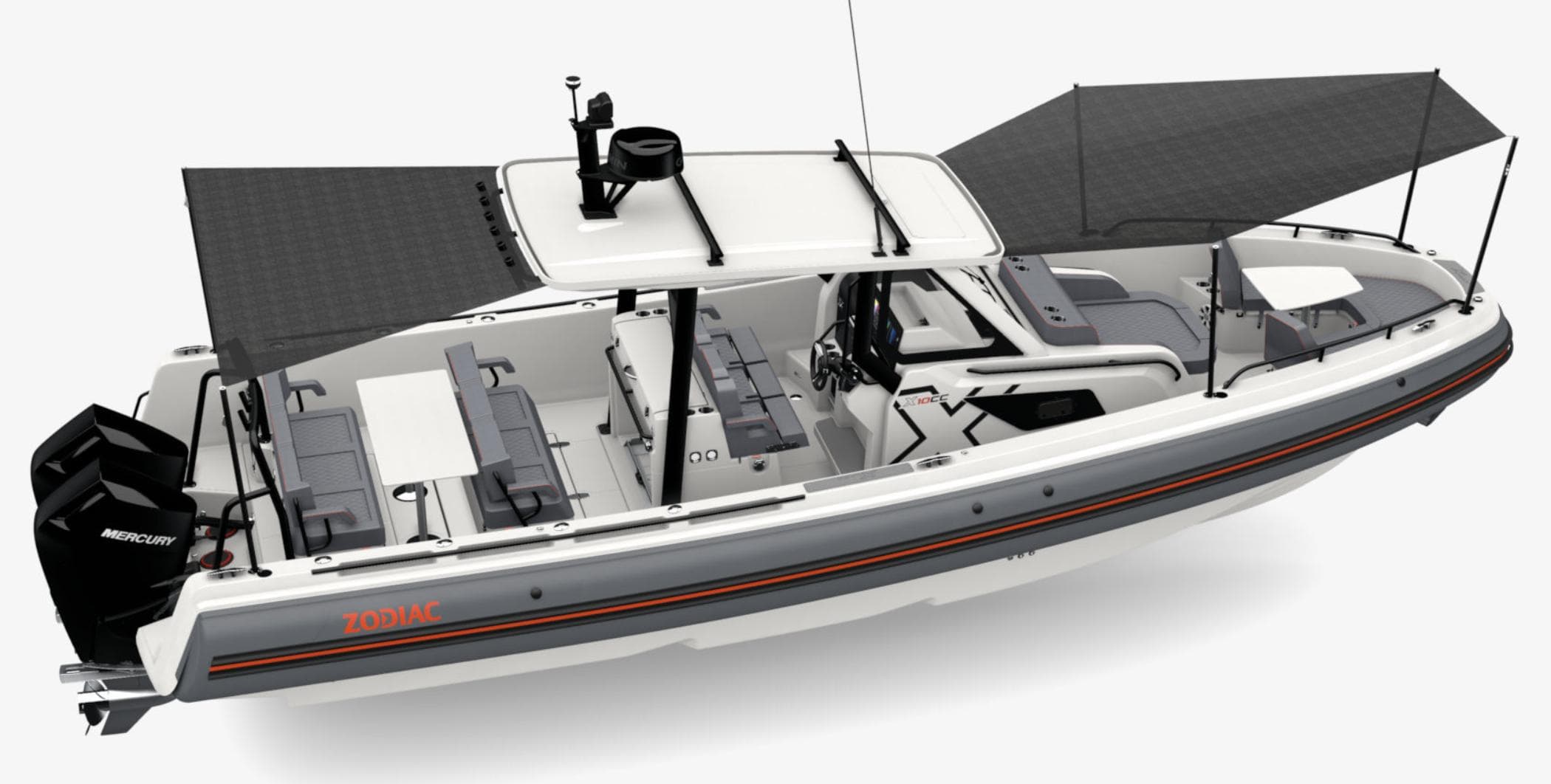 2025 Zodiac X10CC boat with canopy, modern design, and spacious seating.
