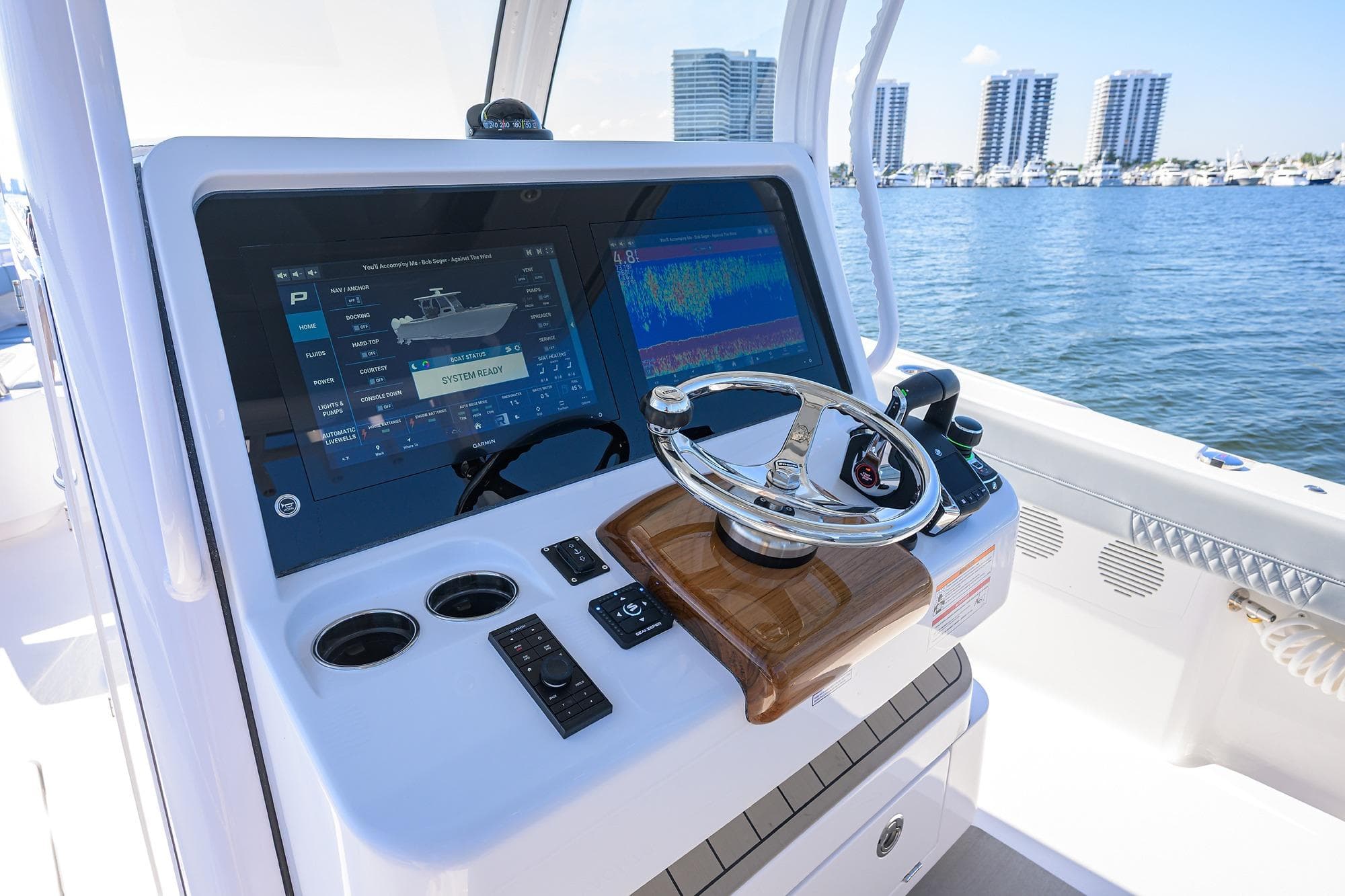 2026 Phenom 34 Center Console boat dashboard with advanced navigation system.