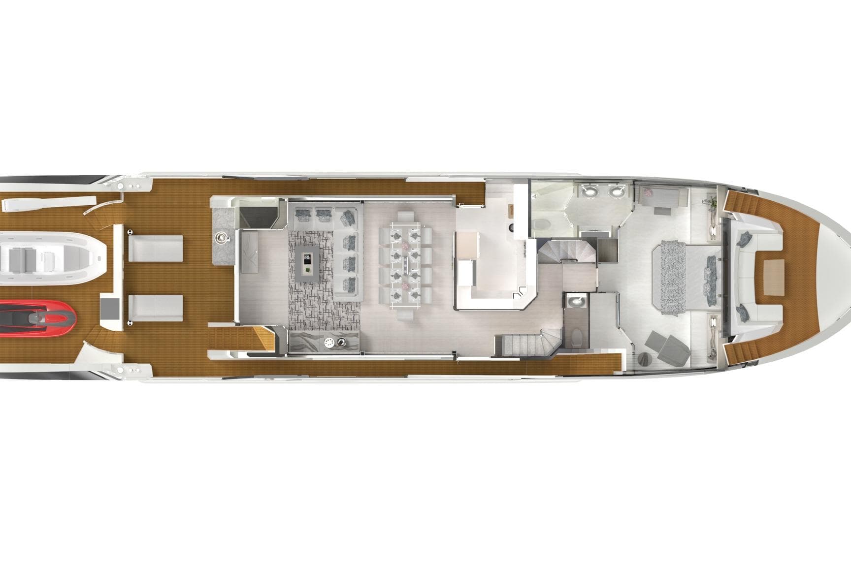 Top view of 2023 Ocean Alexander 28E yacht interior layout, featuring spacious living and dining areas.
