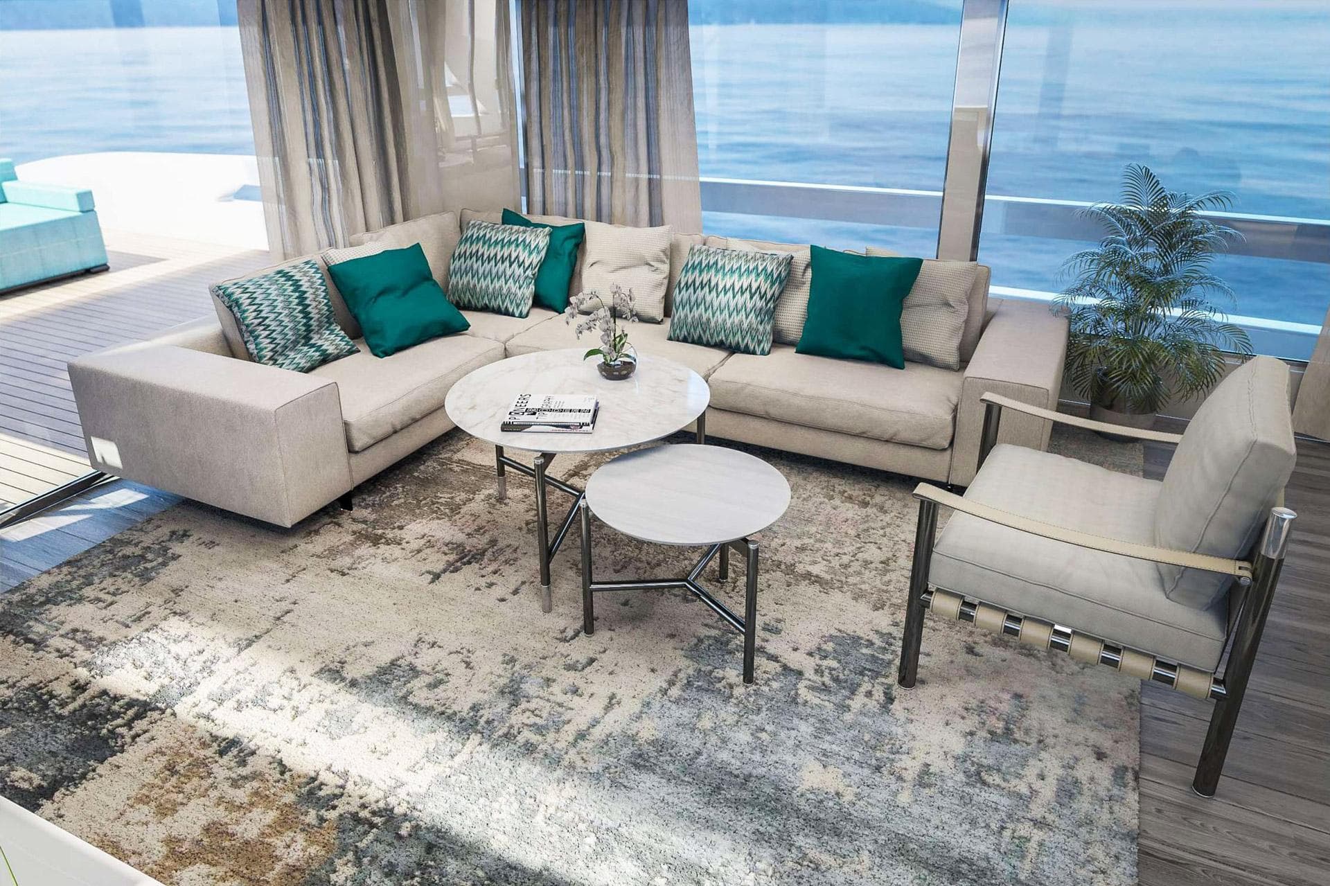 Luxurious yacht interior with modern seating, ocean view, and elegant decor on Van der Valk Pilot 26m, 2027.