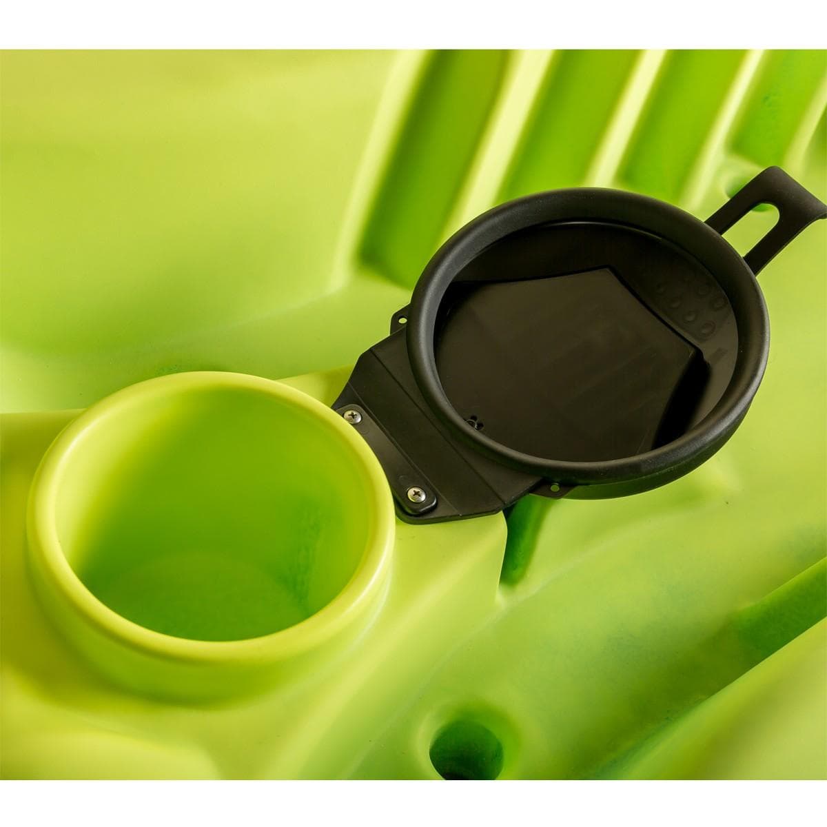 Close-up of Ocean Kayak Malibu 9.5 2023 model's storage compartment and cup holder.