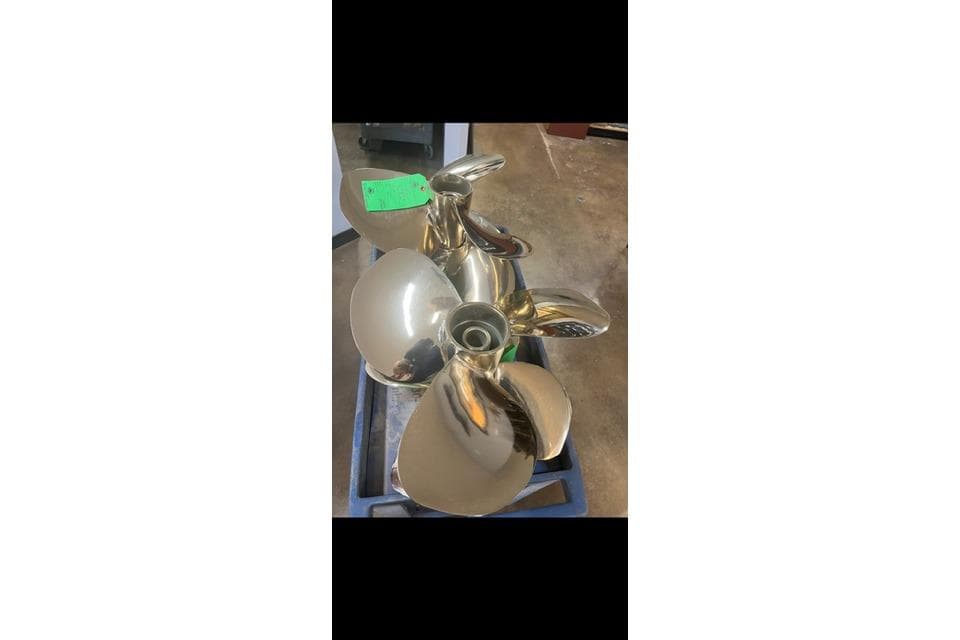 Polished propeller for 2008 Tiara Yachts 3900 Sovran on display stand.