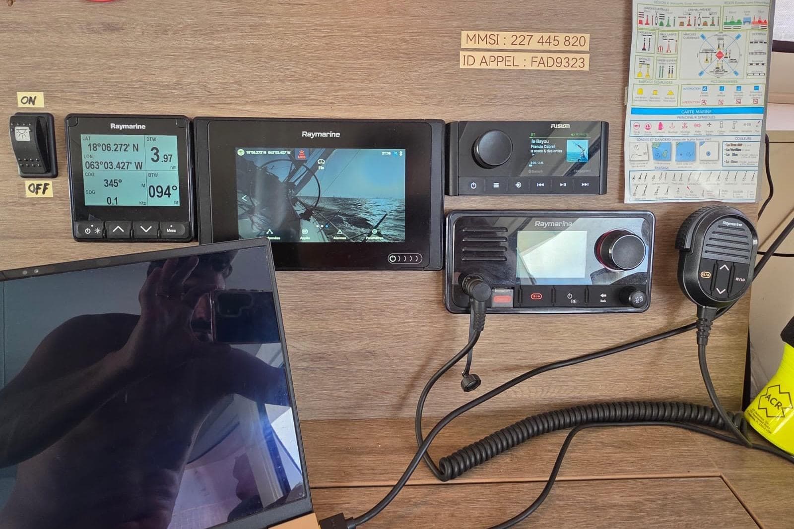 Navigation and communication equipment on a 2016 Bali 4.5 yacht control panel.