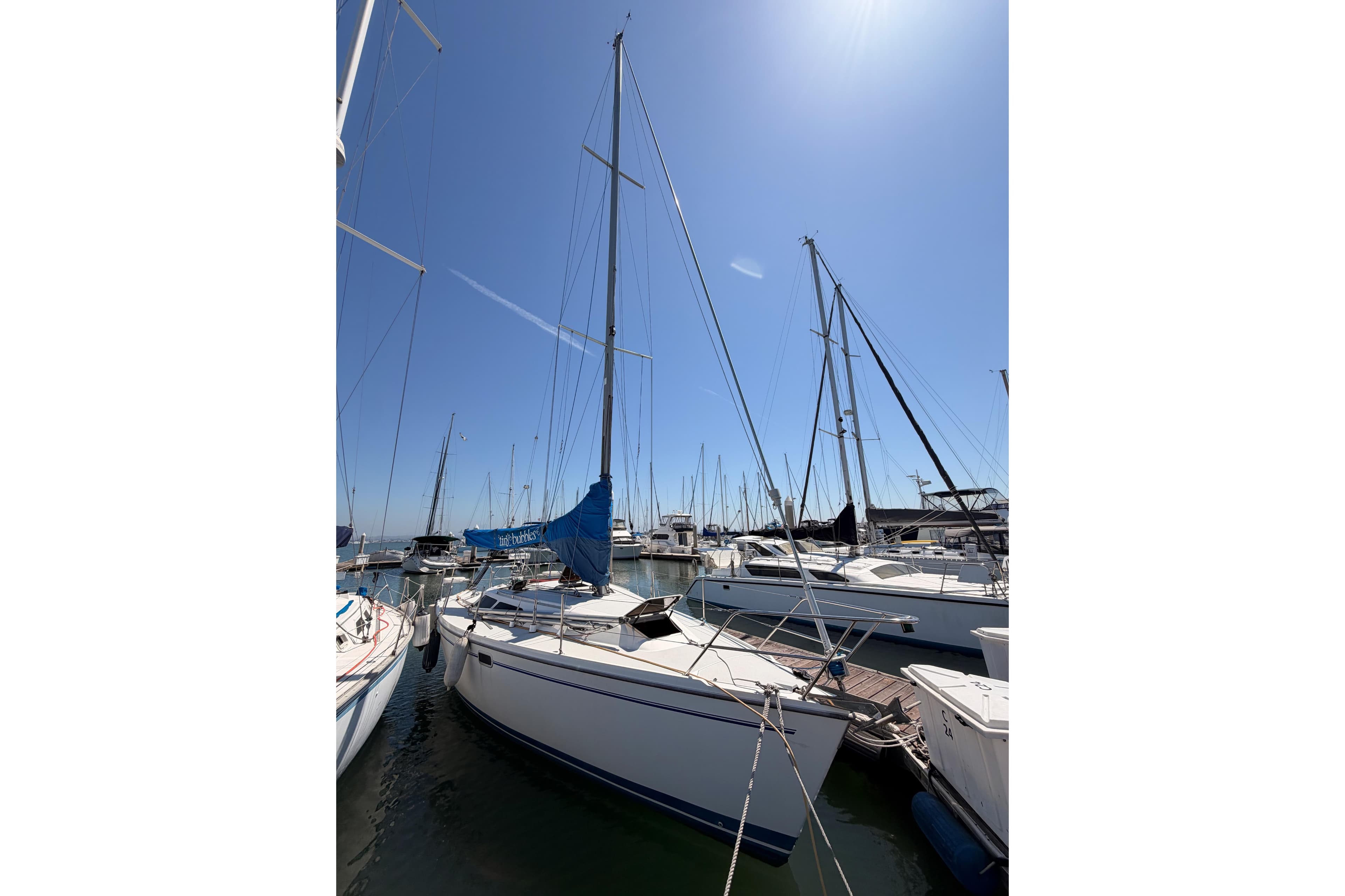 1999 Catalina 320 sailboat docked in a sunny marina, surrounded by other boats.