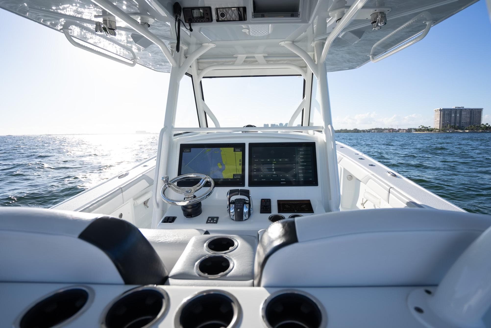 2019 Yellowfin 39 boat helm with dual screens on open water.