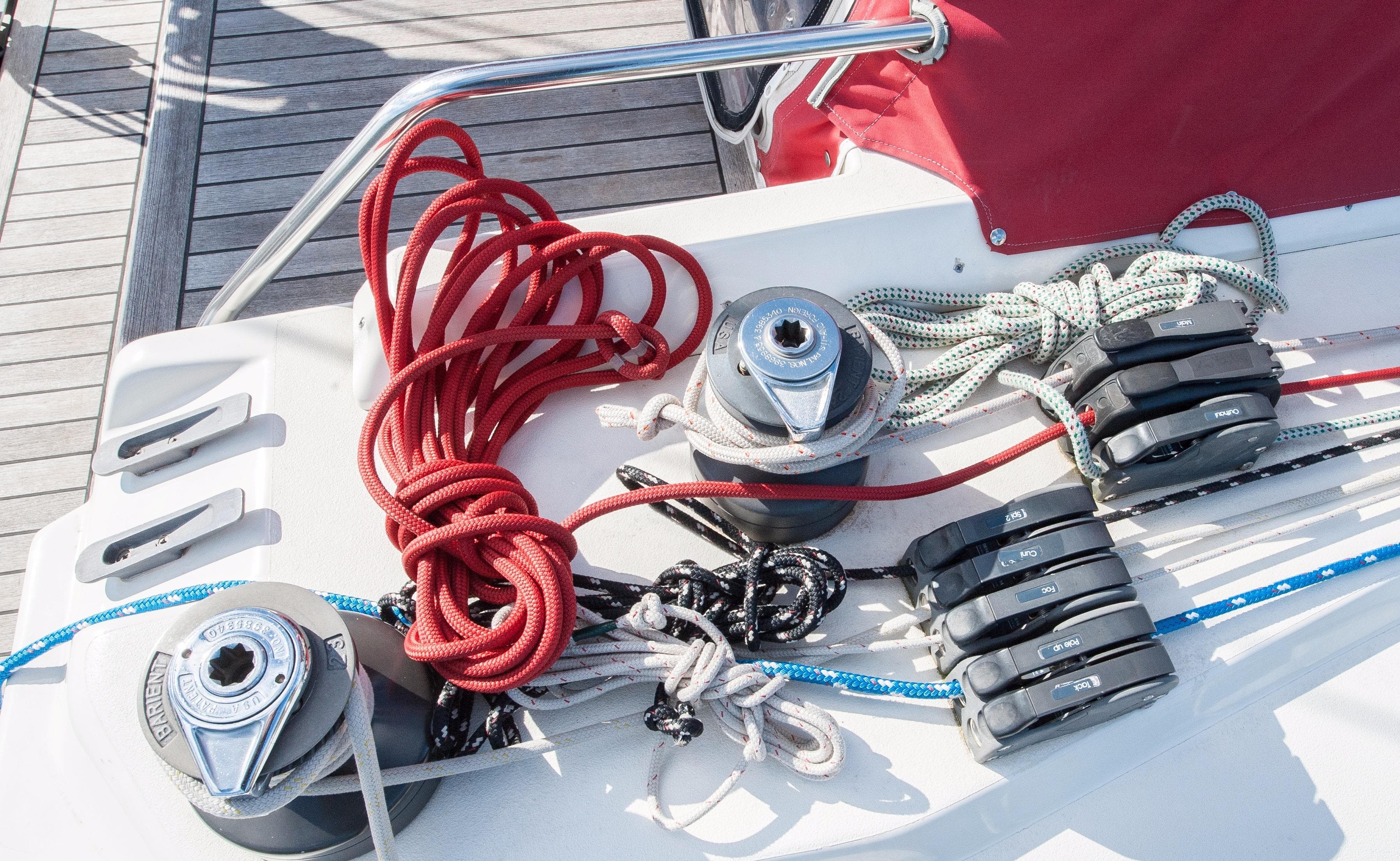 Sailing yacht deck with winches and ropes, C&C 44, 1985 model.