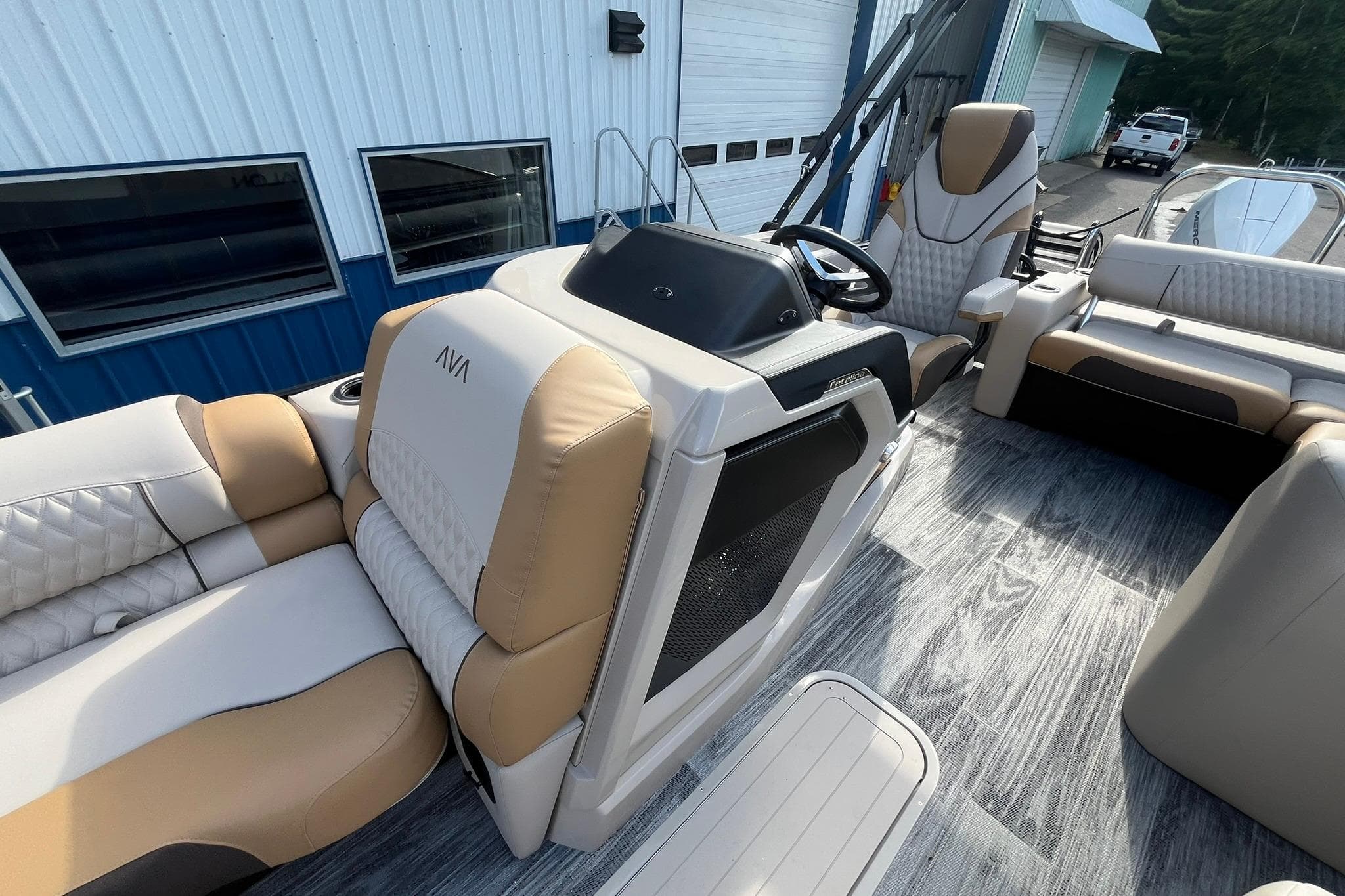 2026 Avalon Catalina Versatile Rear Bench boat interior with luxurious seating and modern design.