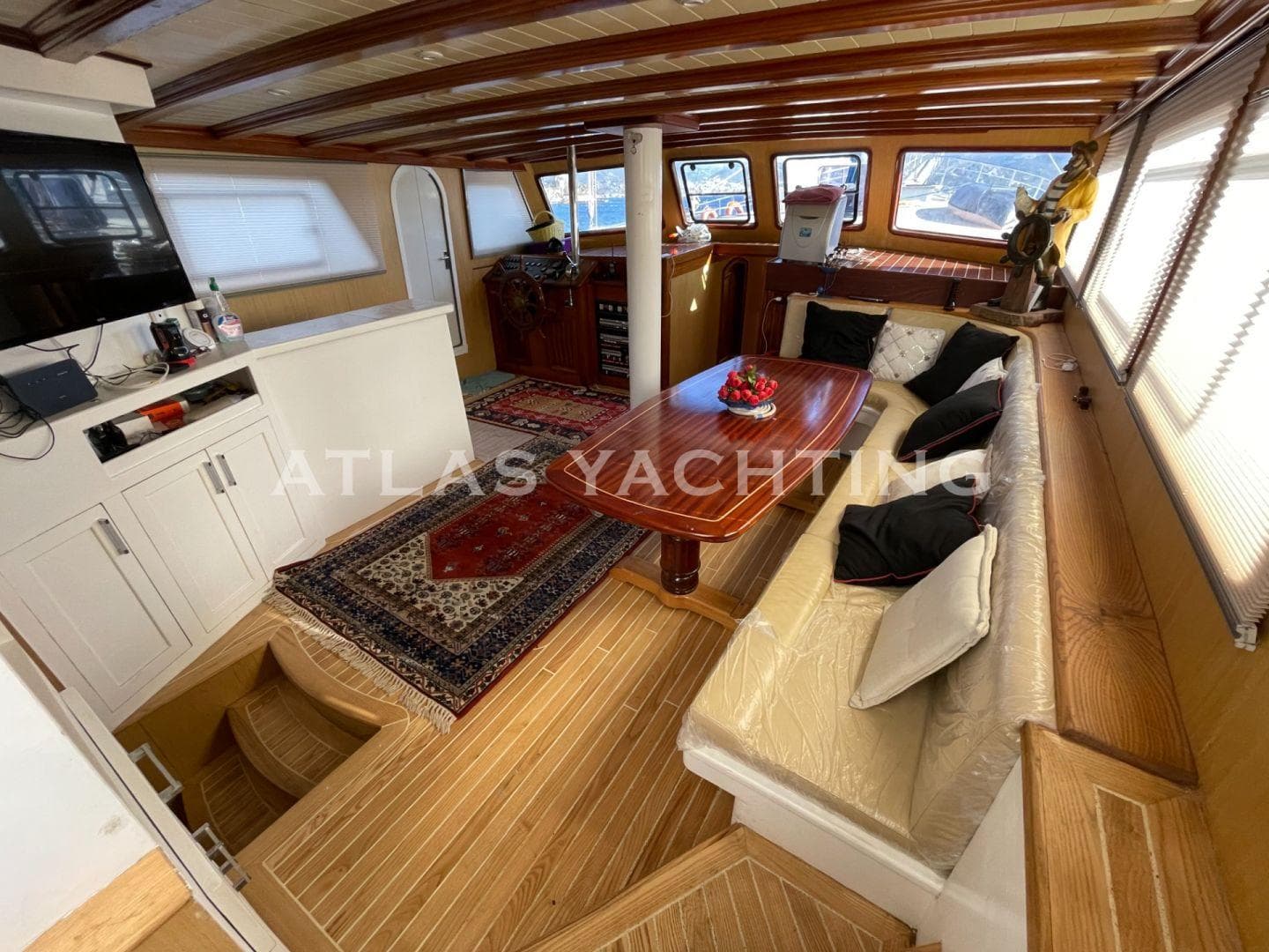 Luxurious interior of a 2020 rebuilt Gulet with five cabins, featuring elegant wood finishes.