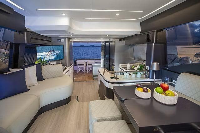 Luxurious interior of 2026 Schaefer 600 yacht with modern design and ocean view.