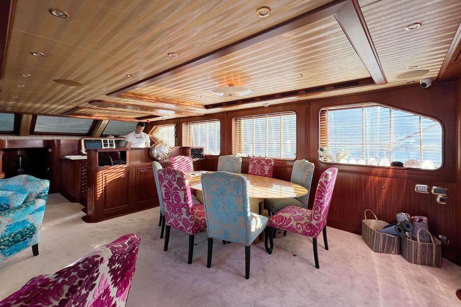 Luxurious interior of 2010 Custom-Craft Steel Pax Navi yacht with elegant dining area.