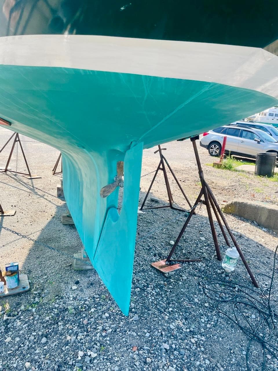 1981 Bristol 40 sailboat hull in dry dock, showcasing keel and rudder.