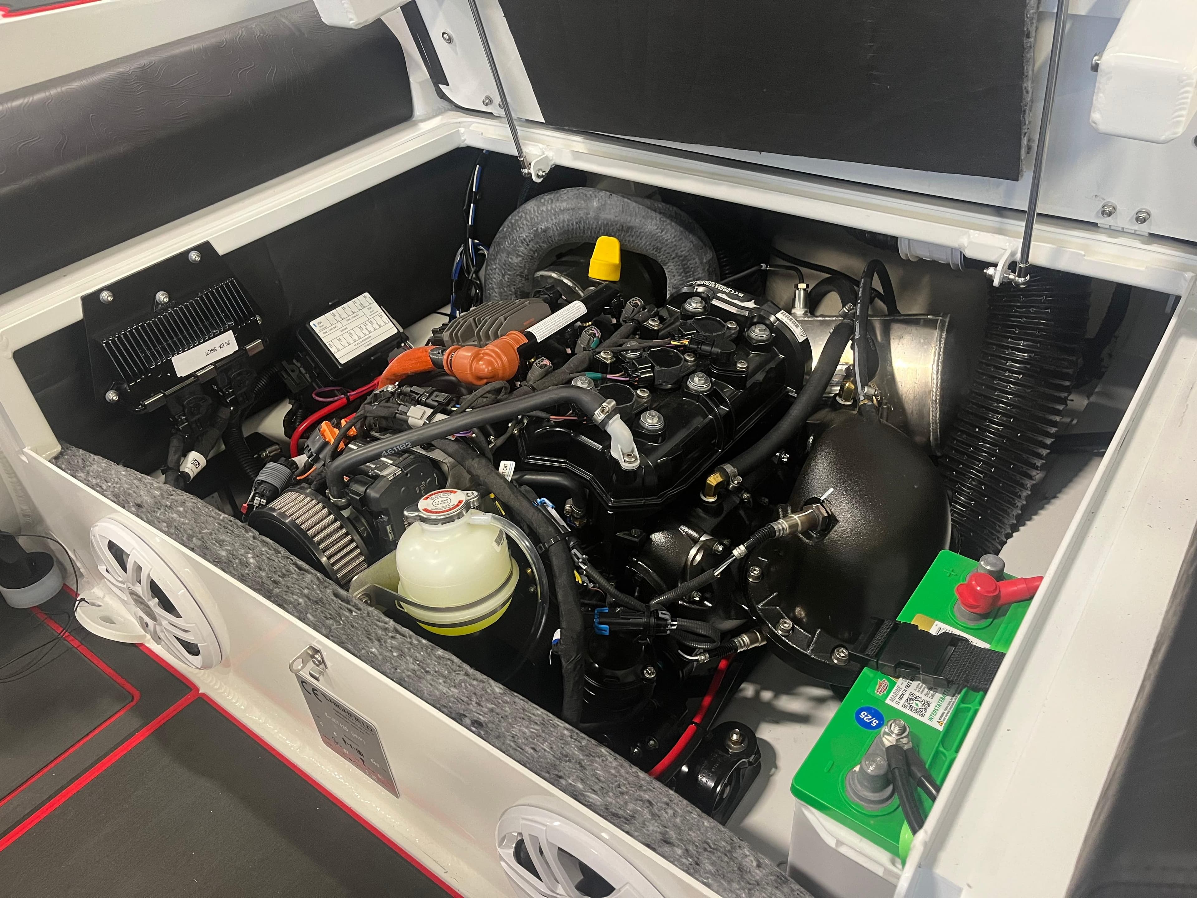 Engine compartment of 2026 Highfield Velox 420 boat, showcasing detailed mechanical components.