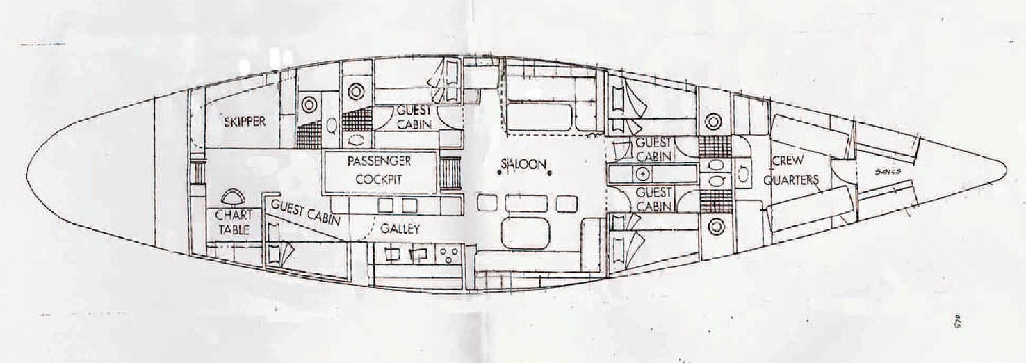Floor plan of 1980 Ketch Presles 72 yacht, featuring cabins, saloon, and galley layout.
