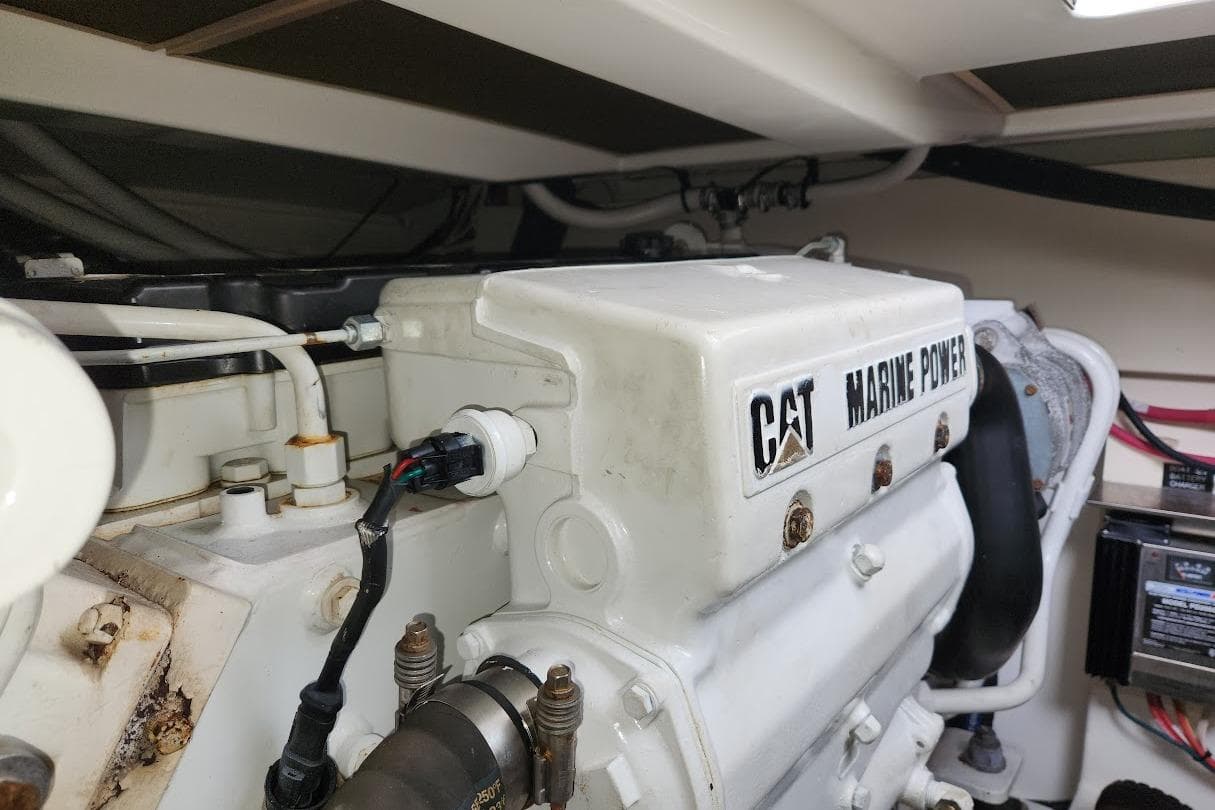 Engine compartment of 2006 Rampage 38 Express with CAT Marine Power engine.