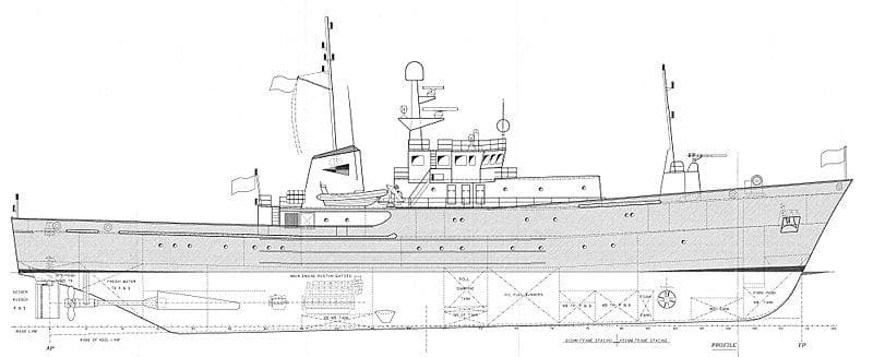 Blueprint of 1987 Richards Shipbuilders Expedition vessel, detailed side view.