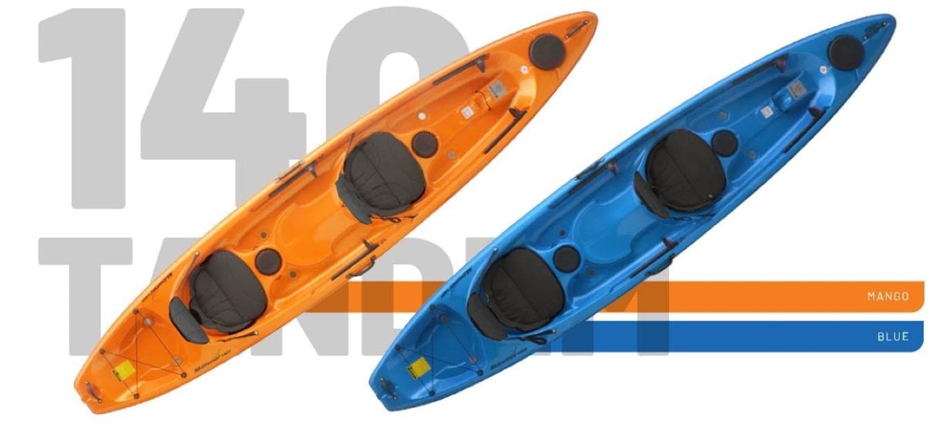 2023 Hurricane Kayaks Skimmer 140 Tandem in Mango and Blue colors.