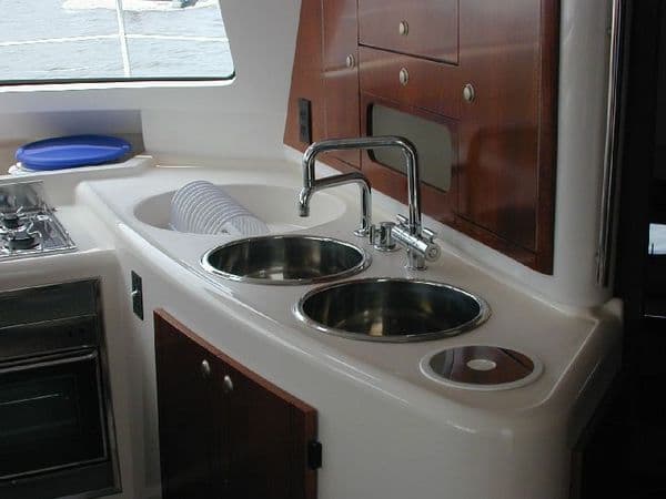 Galley area of Fountaine Pajot Belize 43 yacht, year 2003.
