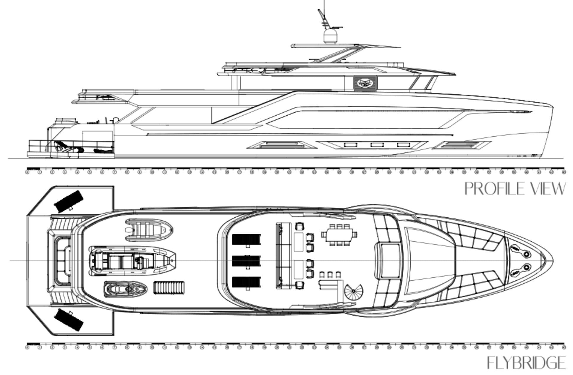 Naval Yachts LXT140 2027, profile view and flybridge layout.