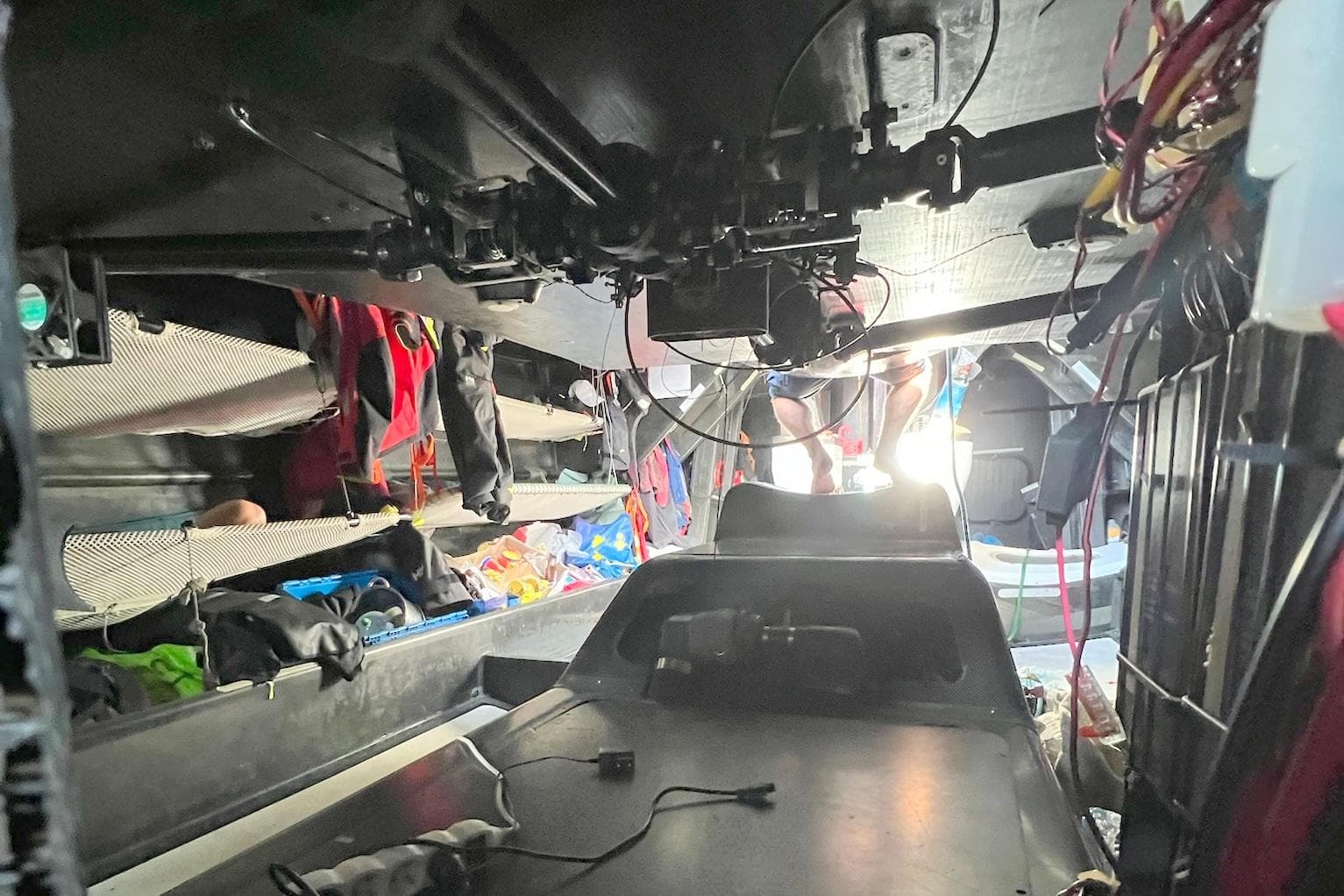 Interior view of 2005 Green Marine Volvo Ocean 70 sailboat, showcasing equipment and storage.