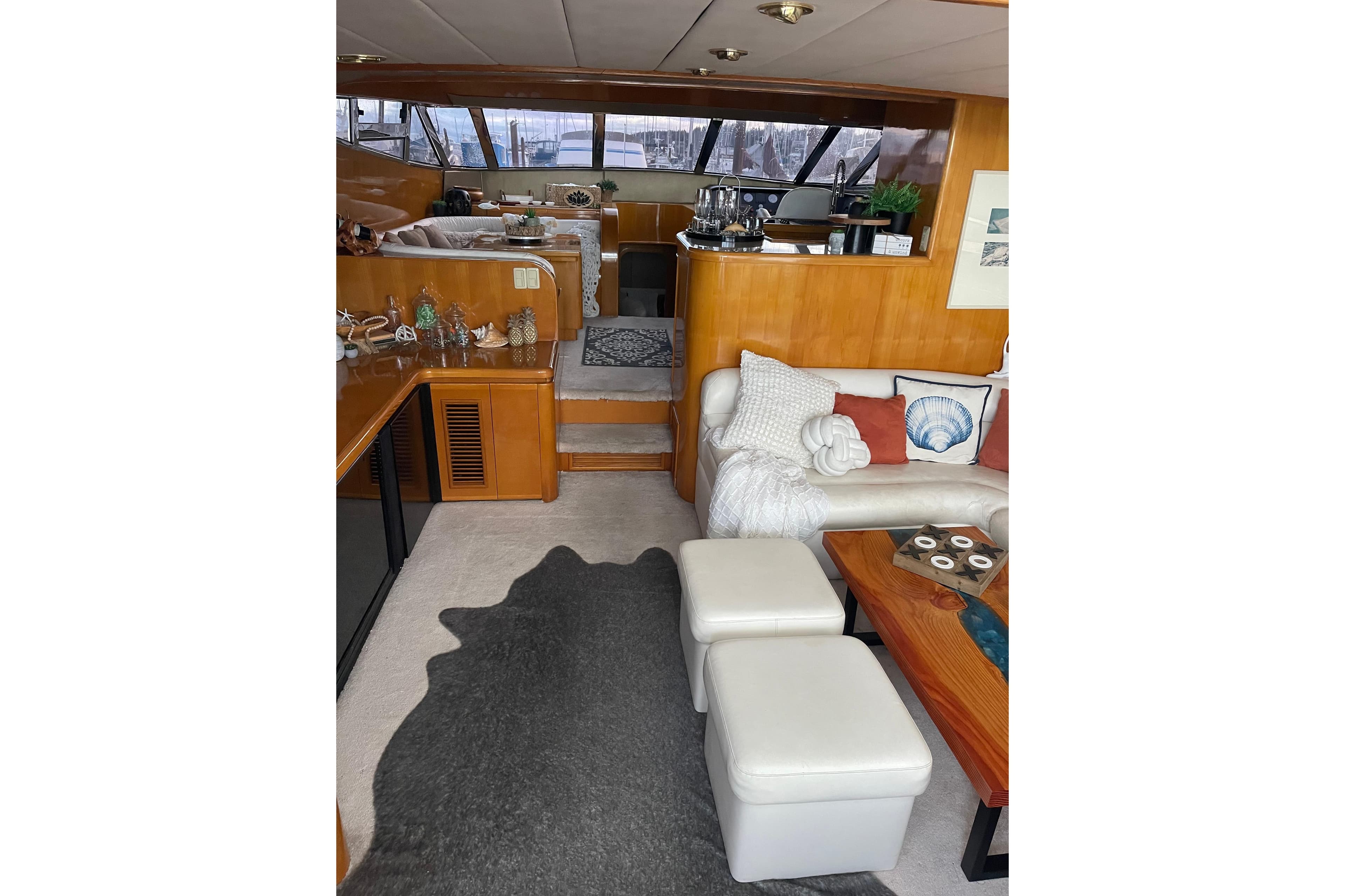 Luxurious interior of 1994 Johnson High-Tech 65 Euro yacht with elegant furnishings.