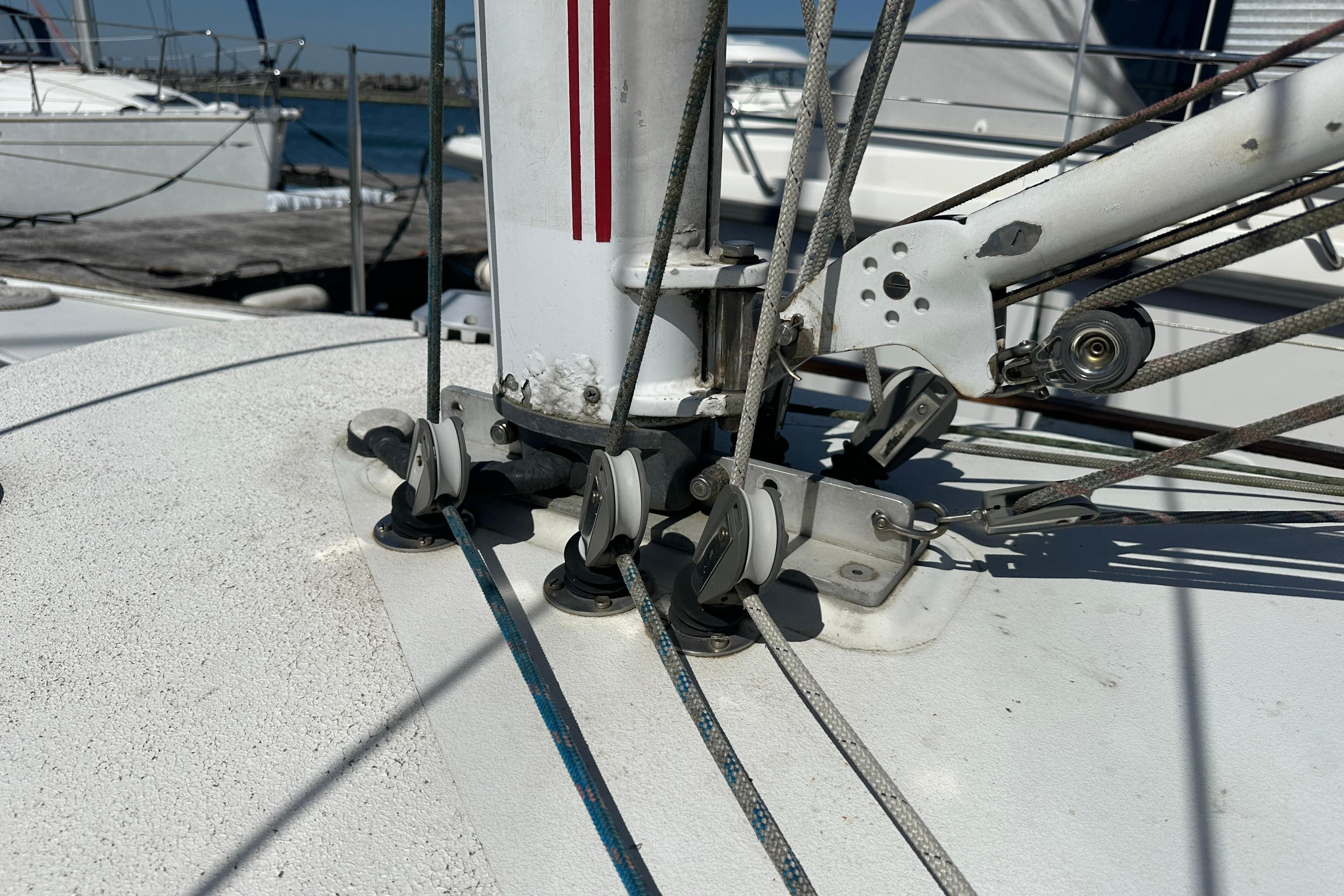 Close-up of rigging on a 1973 Wauquiez Centurion 32 sailboat deck.