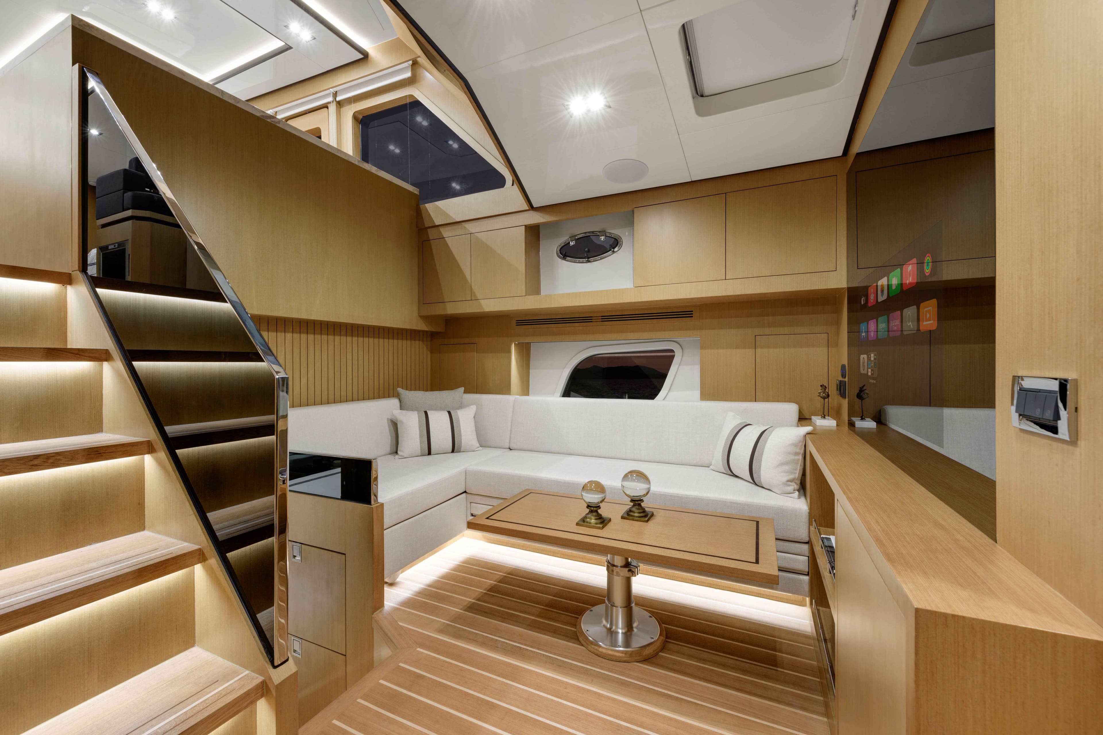 Luxurious interior of 2025 Vicem 65 Classic yacht with modern design and elegant furnishings.