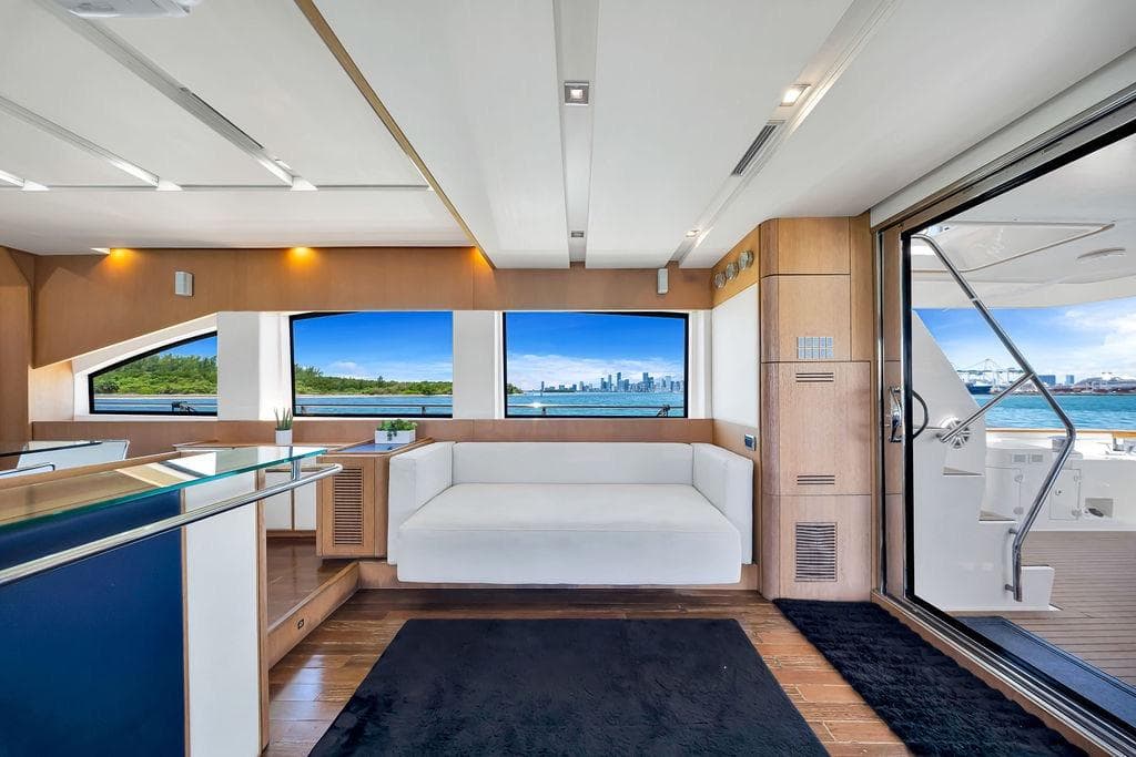 Luxurious interior of 2008 Aicon 75 yacht with panoramic ocean views and modern furnishings.