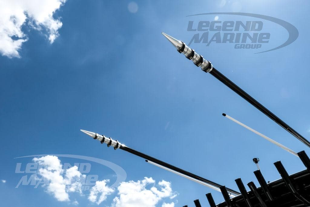 Antennas on a 2024 Nor-Tech 392 Super Fish against a clear blue sky.