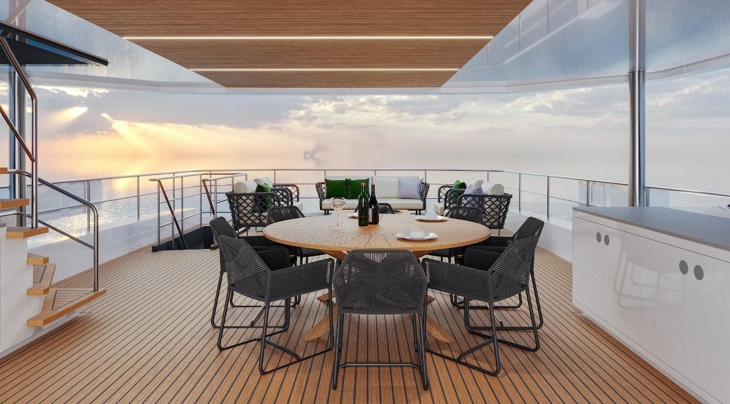 Luxurious deck of 2027 Inace AVENTURA 106 yacht with ocean view and elegant seating.