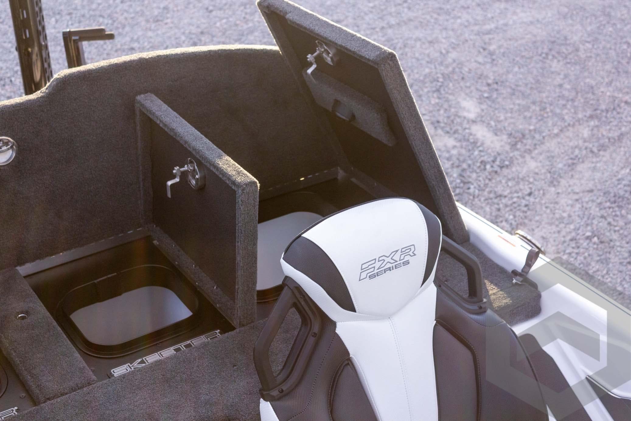 2026 Skeeter FXR21 FLEX boat interior with storage compartments and FXR Series seat.
