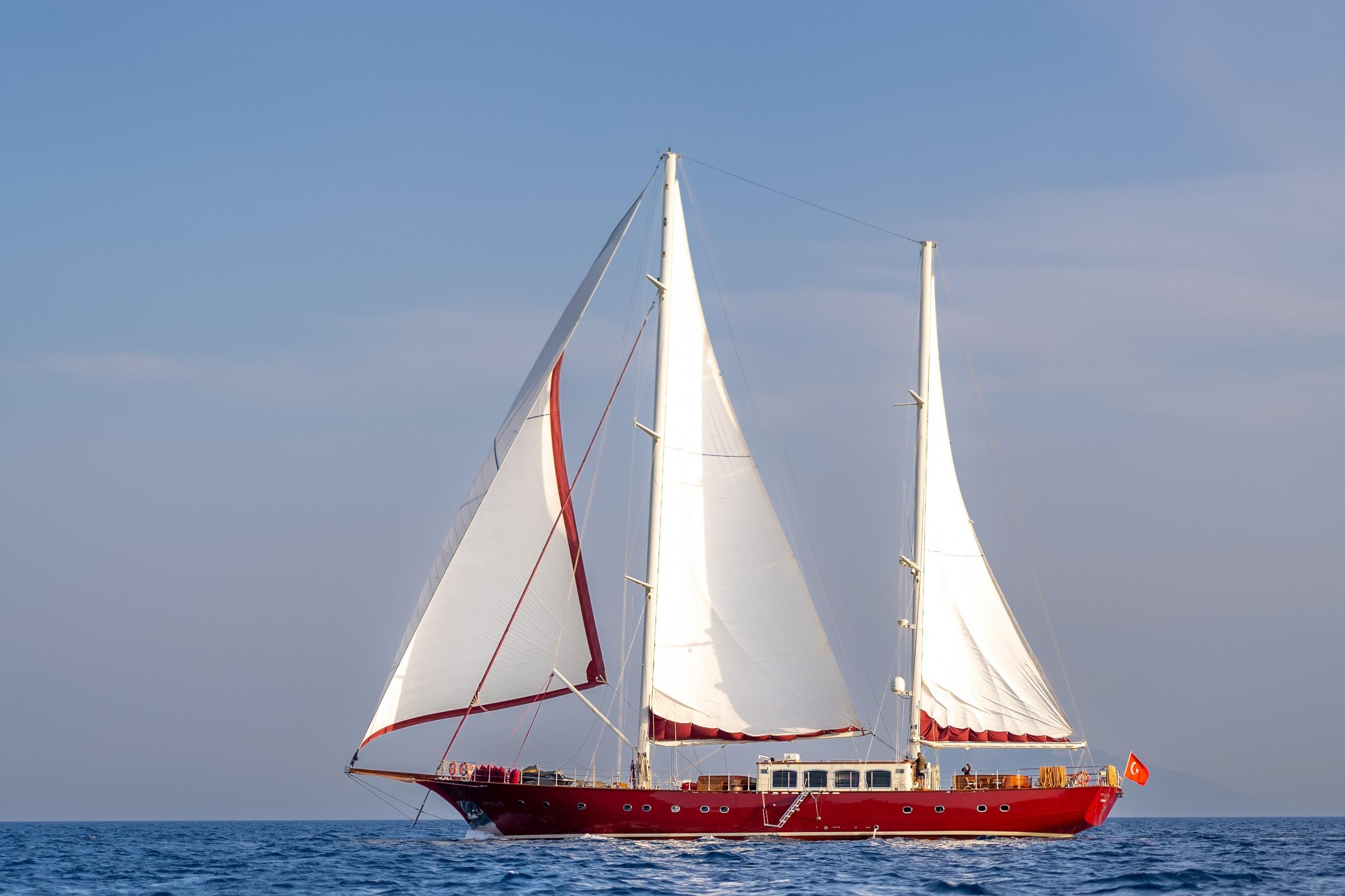 Red Ada Yacht Ketch sailing on open sea, 2009 model with white sails.