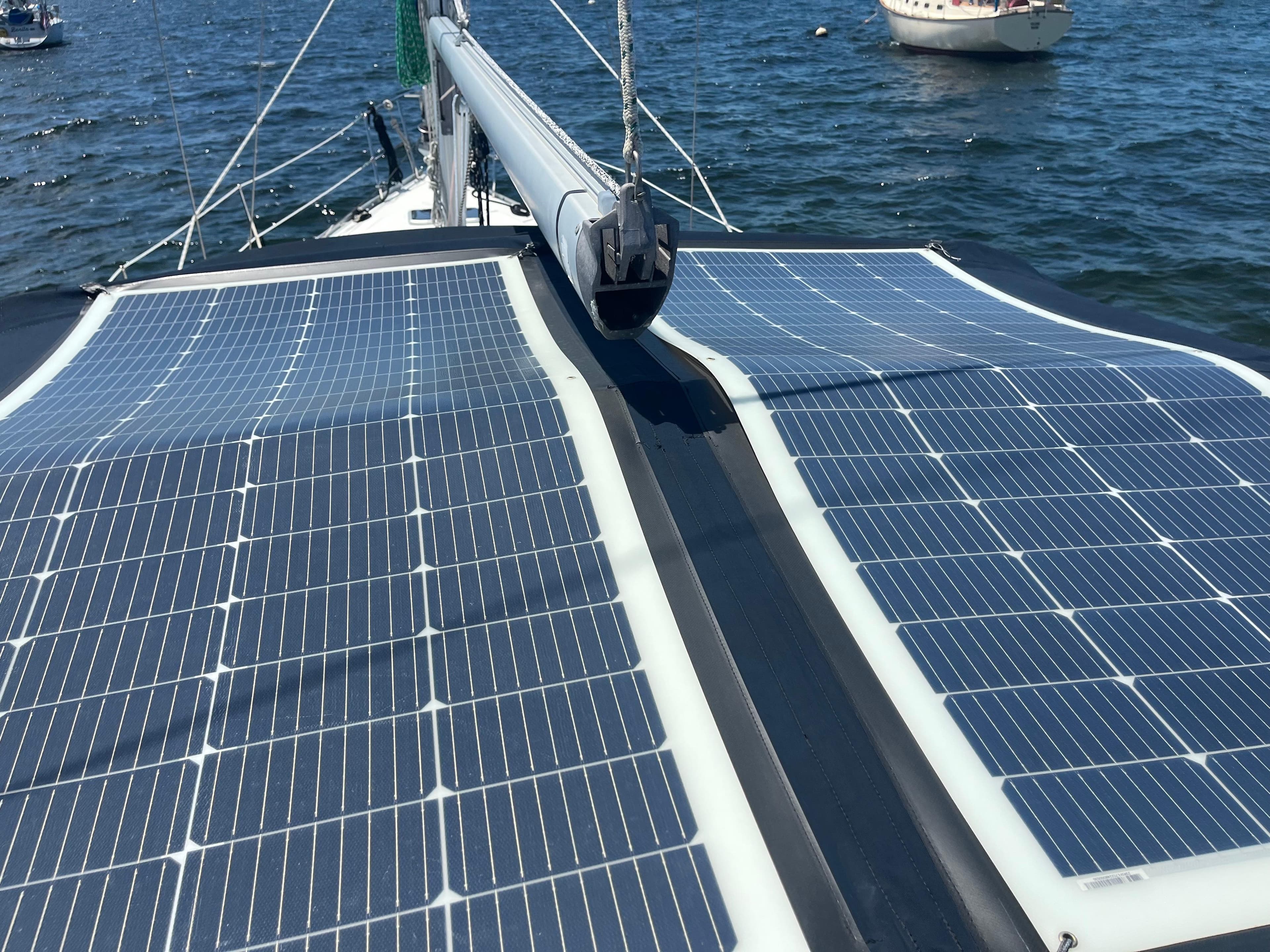 Solar panels on a 2007 Beneteau Oceanis Clipper 343 sailboat, harnessing renewable energy.